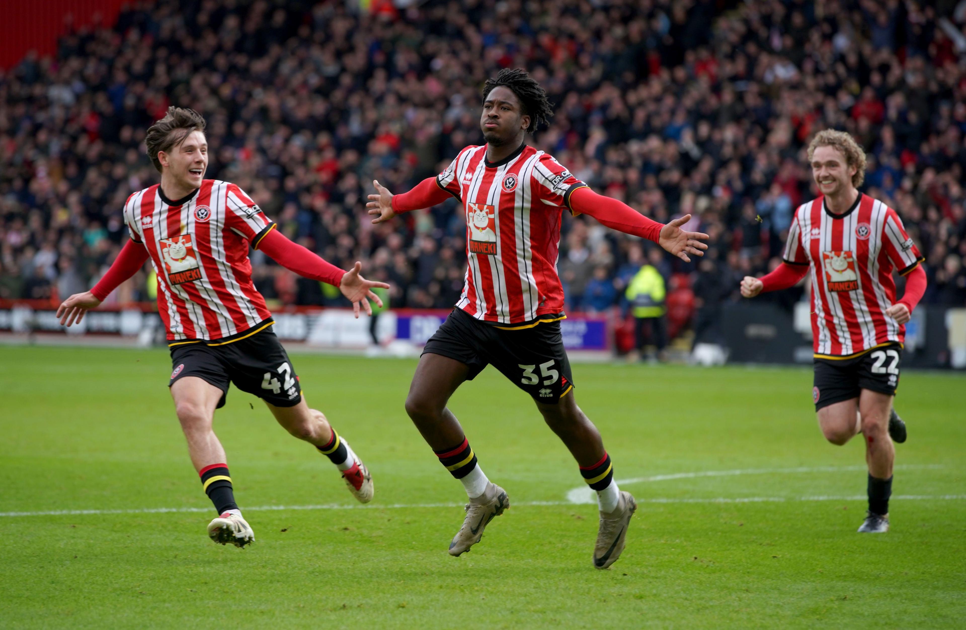 Sheffield United midfielder Andre Brooks celebrates his first goal for the club