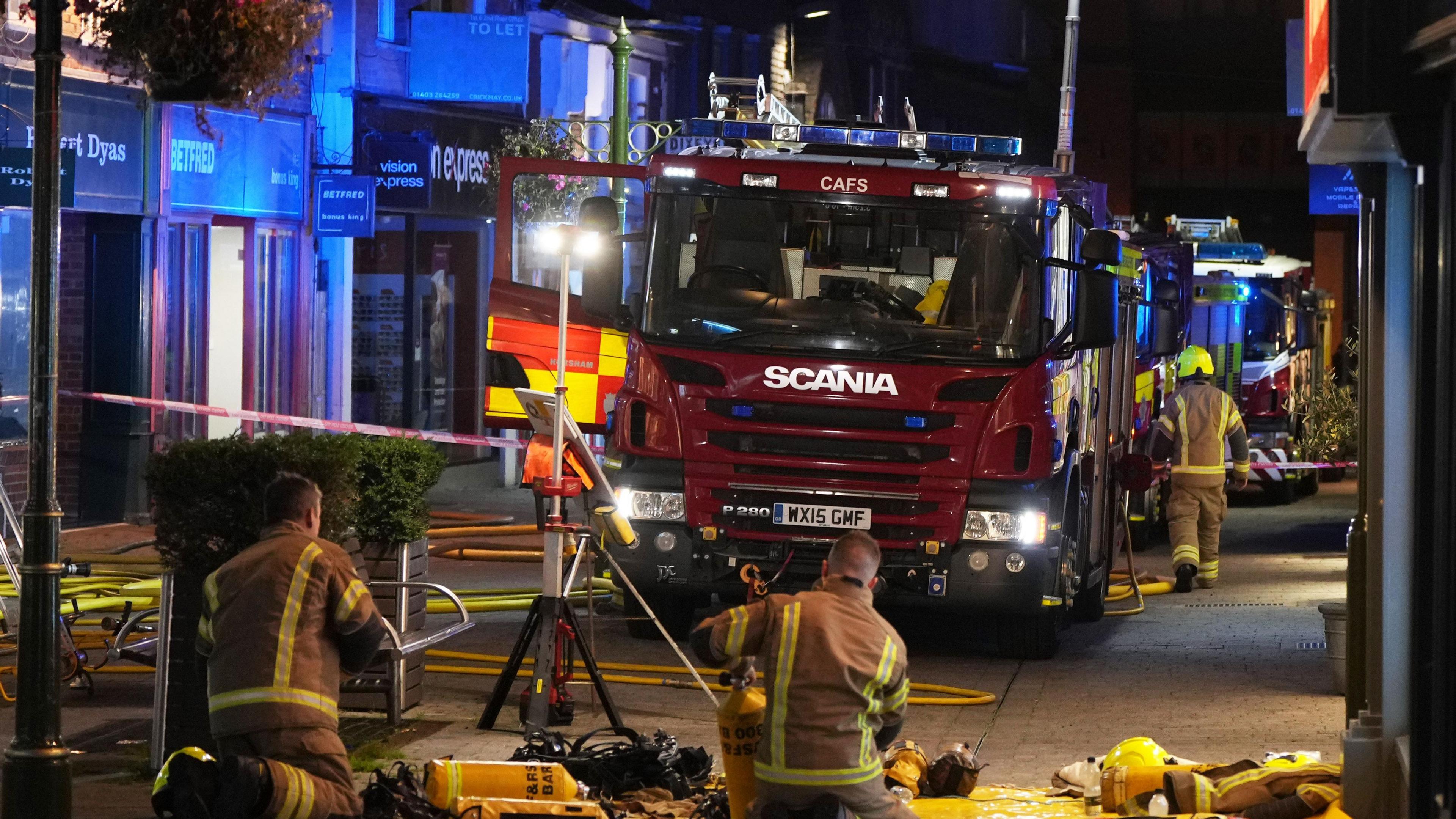 A fire engine and crews in West Street, Horsham