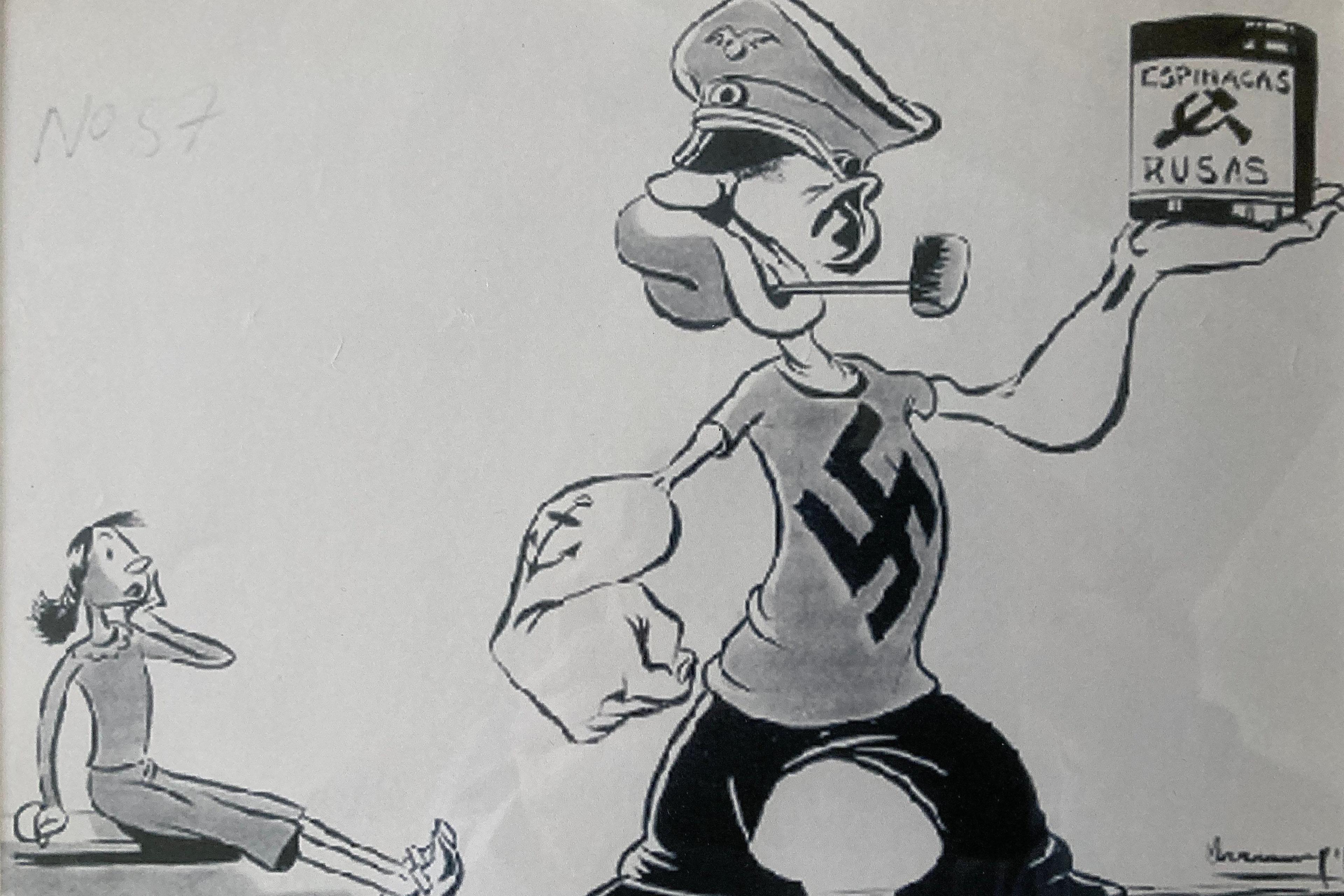 This black and white cartoon shows Hitler as a 'Popeye' style character, with a pipe in his mouth. A woman is shown looking up and shocked. He is holding a tin can in one had, with the words Espinagas and Rusas on the label.