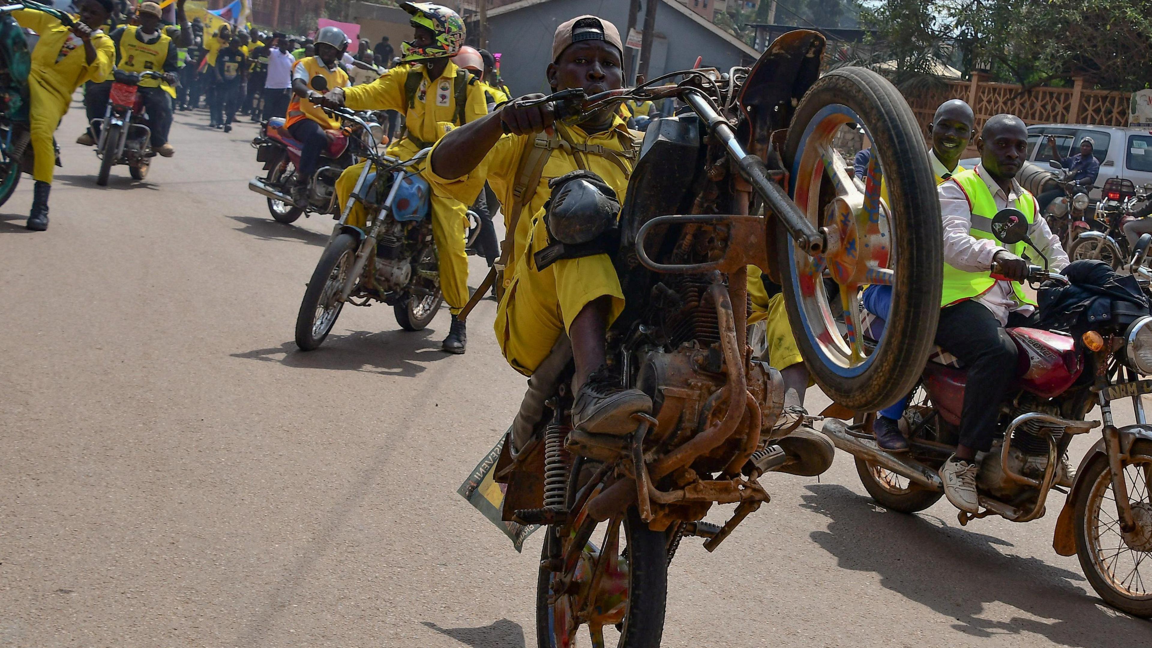 Motorcyclists ride out into the streets of Kampala, Uganda, during a planned anti-corruption demonstration - Monday 10 February 2025