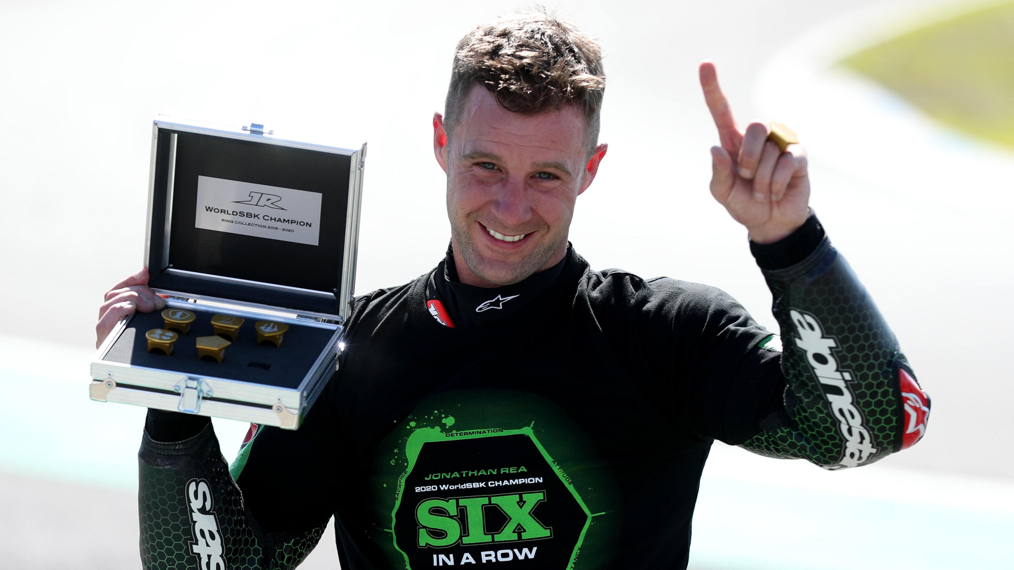 Jonathan Rea celebrating his sixth title in a row
