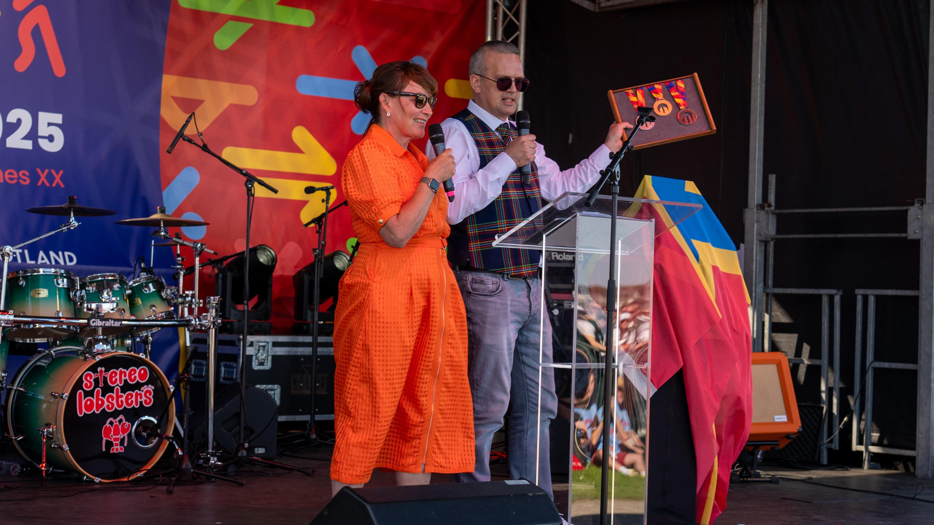 Lorraine Kelly and Stuart Bain hosting the opening ceremony of the Orkney Island Games.
