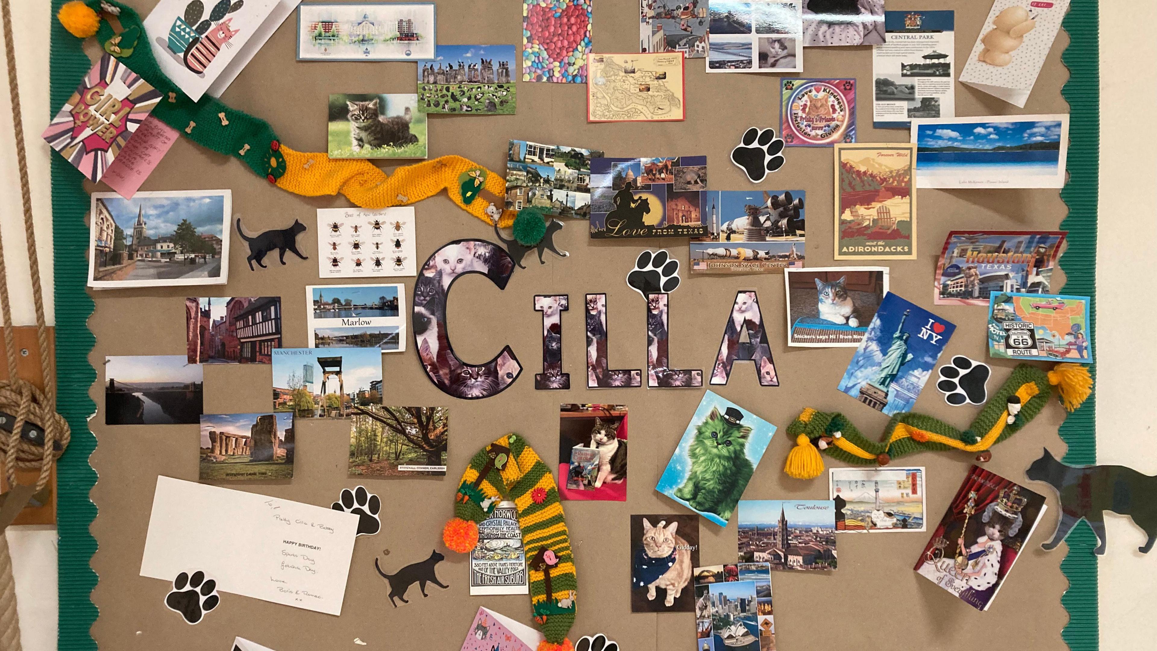 A wall with cat photos, postcard and stickers. Cilla is written in the middle with large letters.