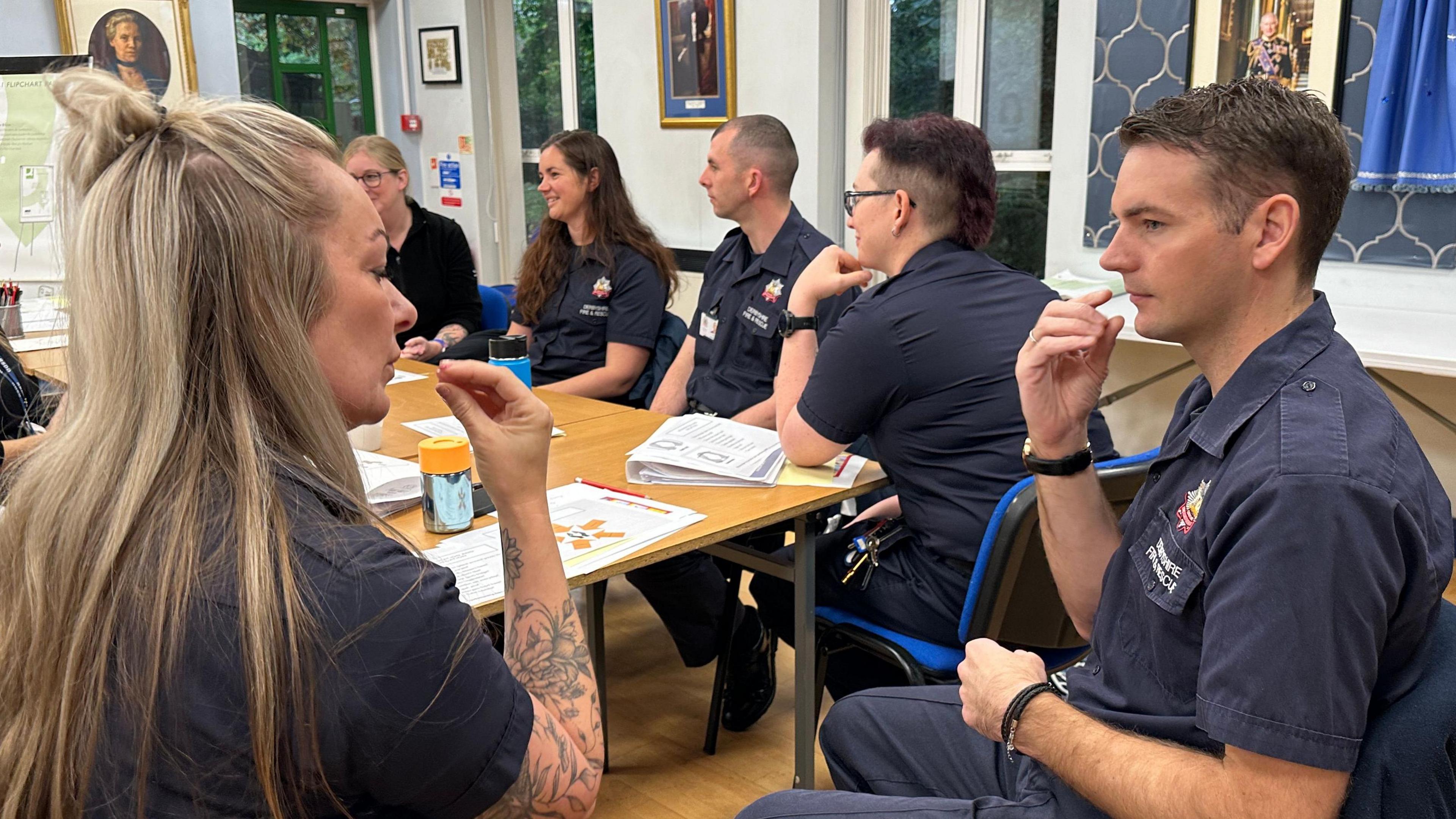 Derbyshire Fire and Rescue Service firefighters participating in the British Sign Language training at the Royal School for the Deaf Derby