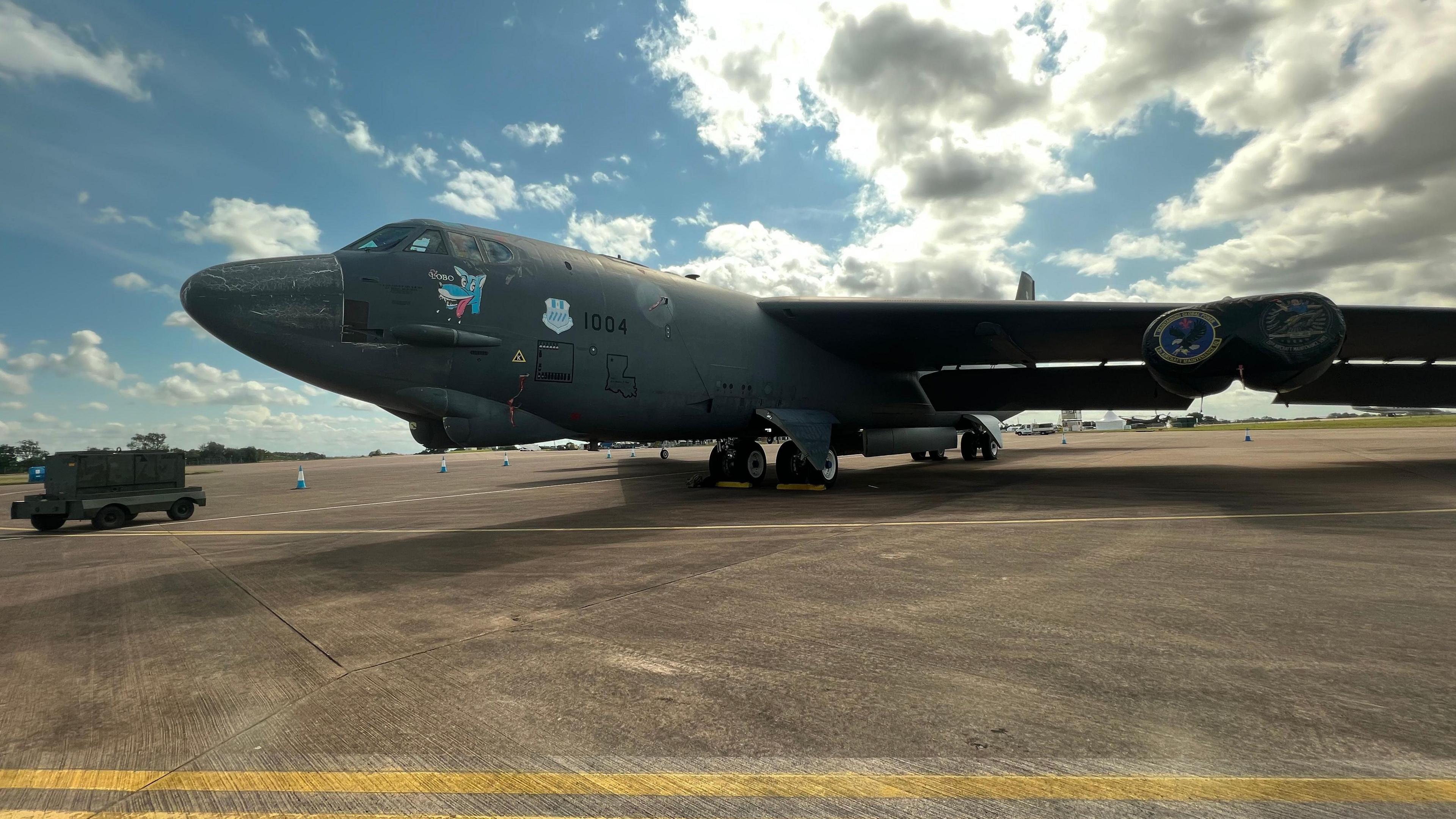 A large grey plane with a cartoon blue dog painted near the nose