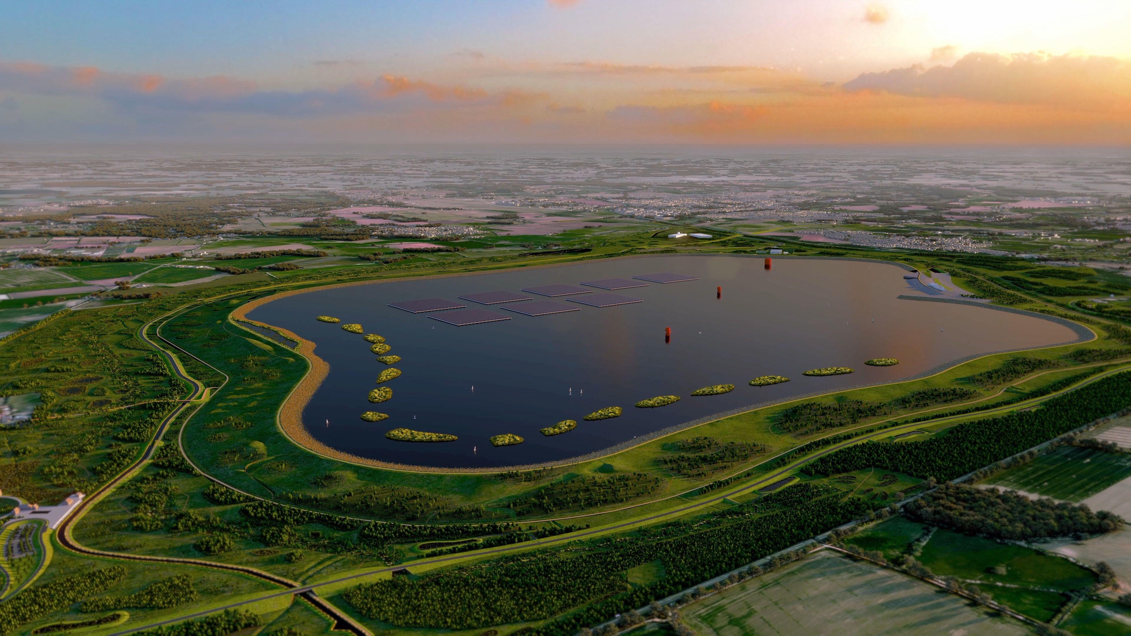 An artists aerial view of how the new reservoir would look as the sun sets on the horizon