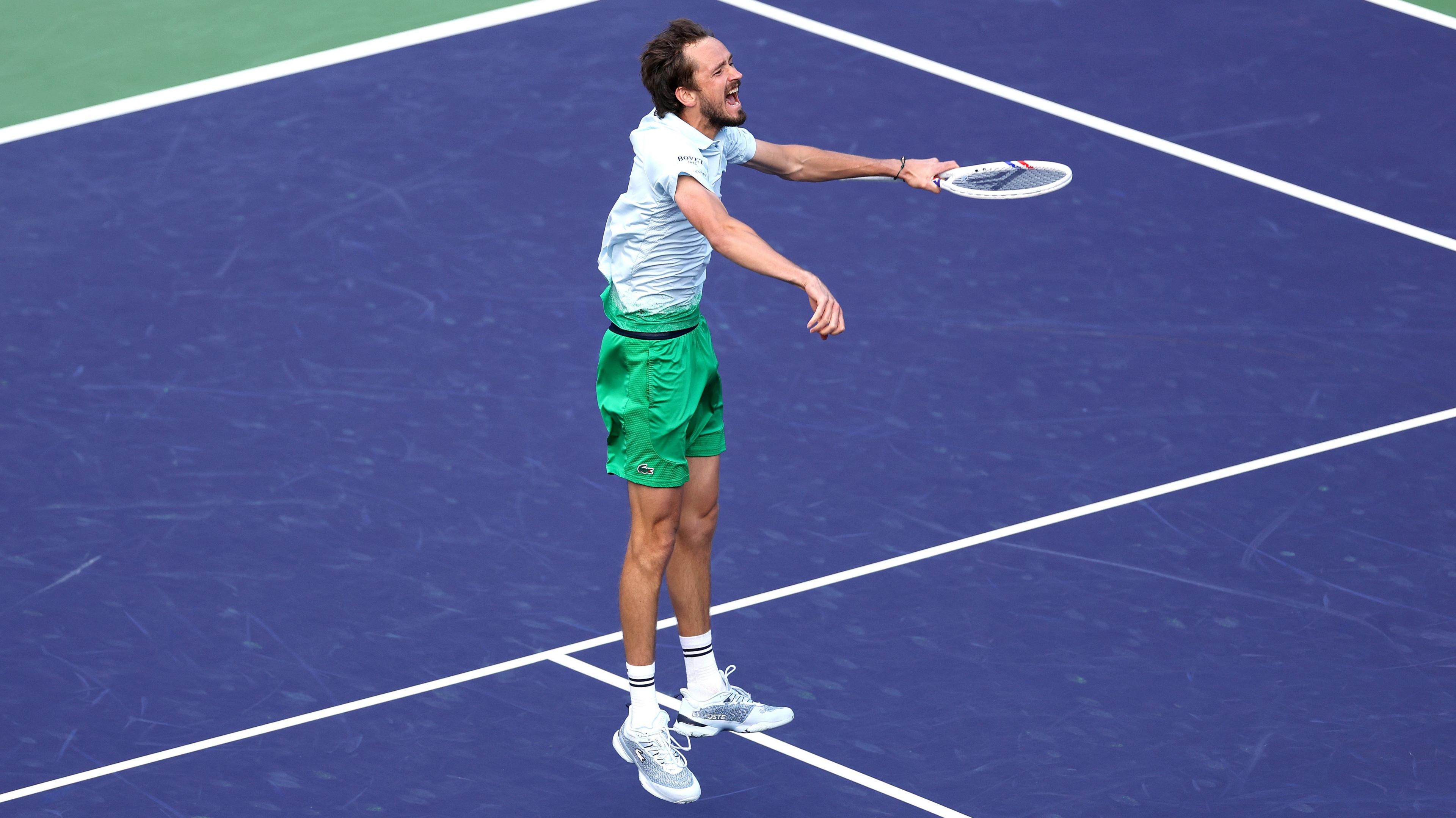 Daniil Medvedev jumps into the air in celebration after victory over Arthur Fils in the Indian Wells quarter-finals