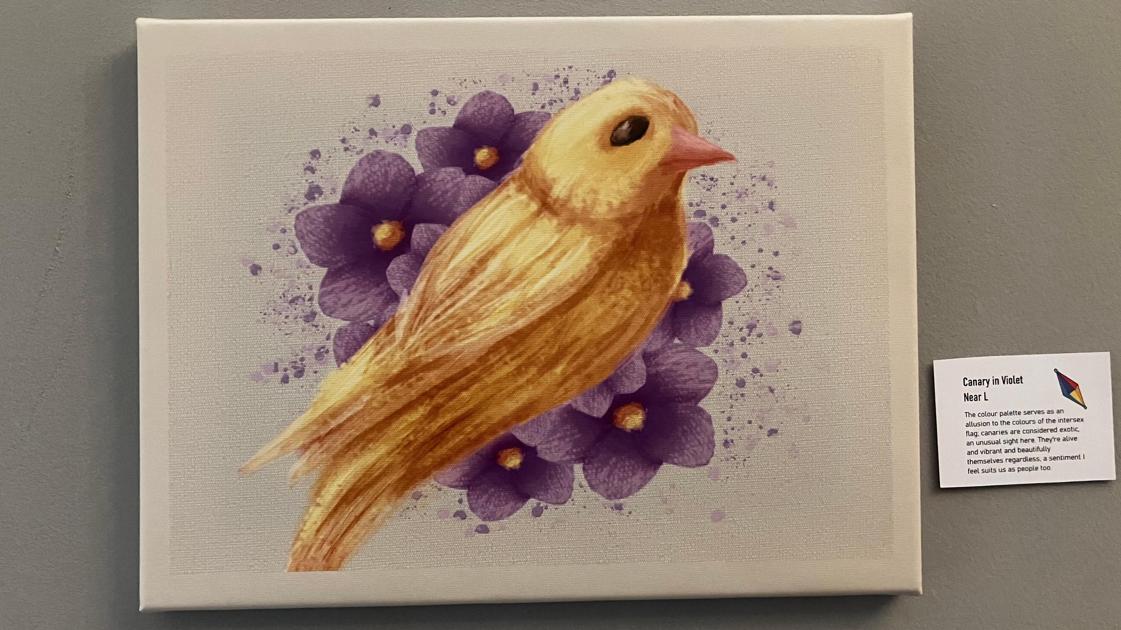 Painting of yellow bird with a cluster of purple flowers behind it