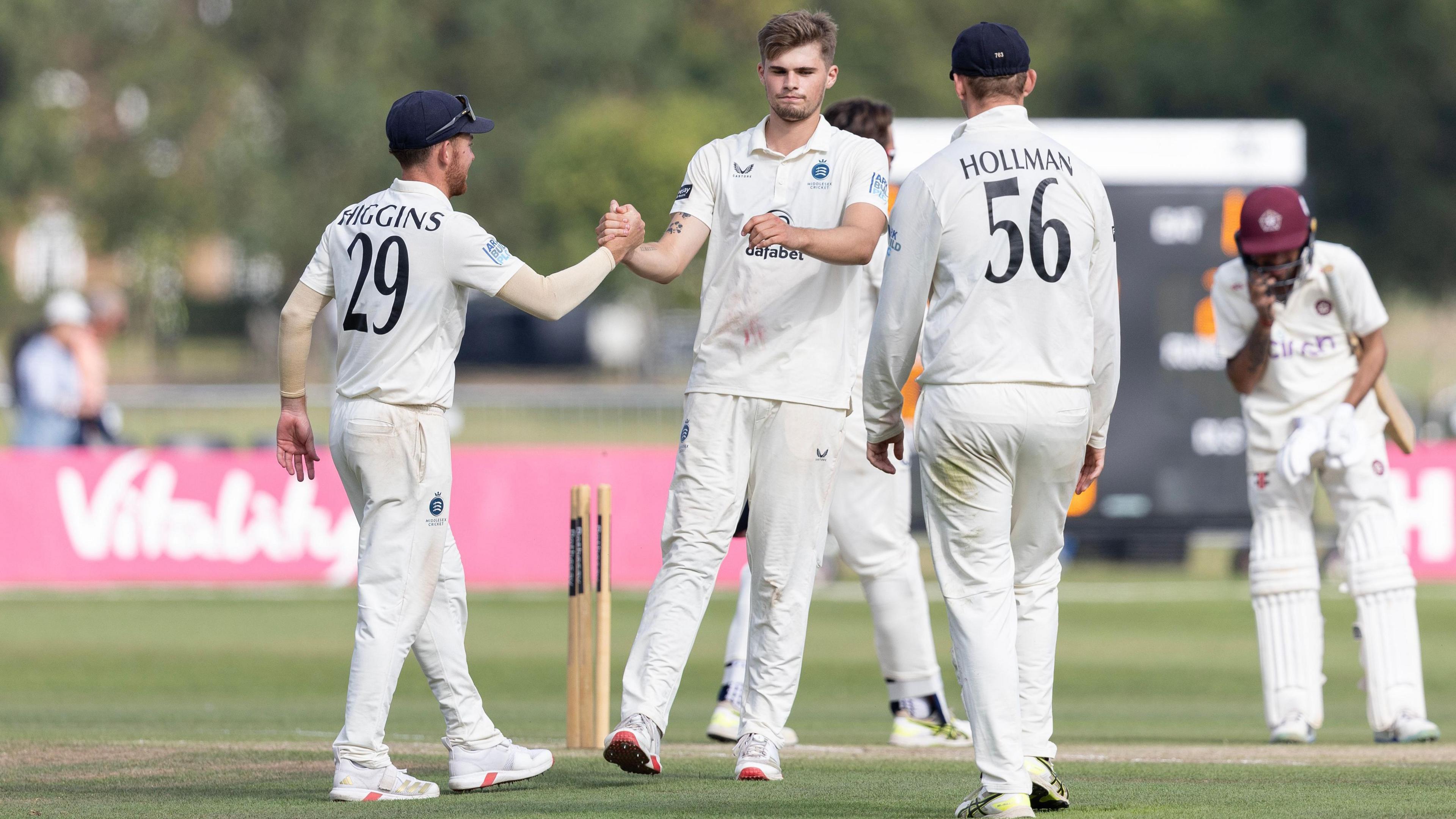 Middlesex players celebrate a wicket in their win over Northamptonshire