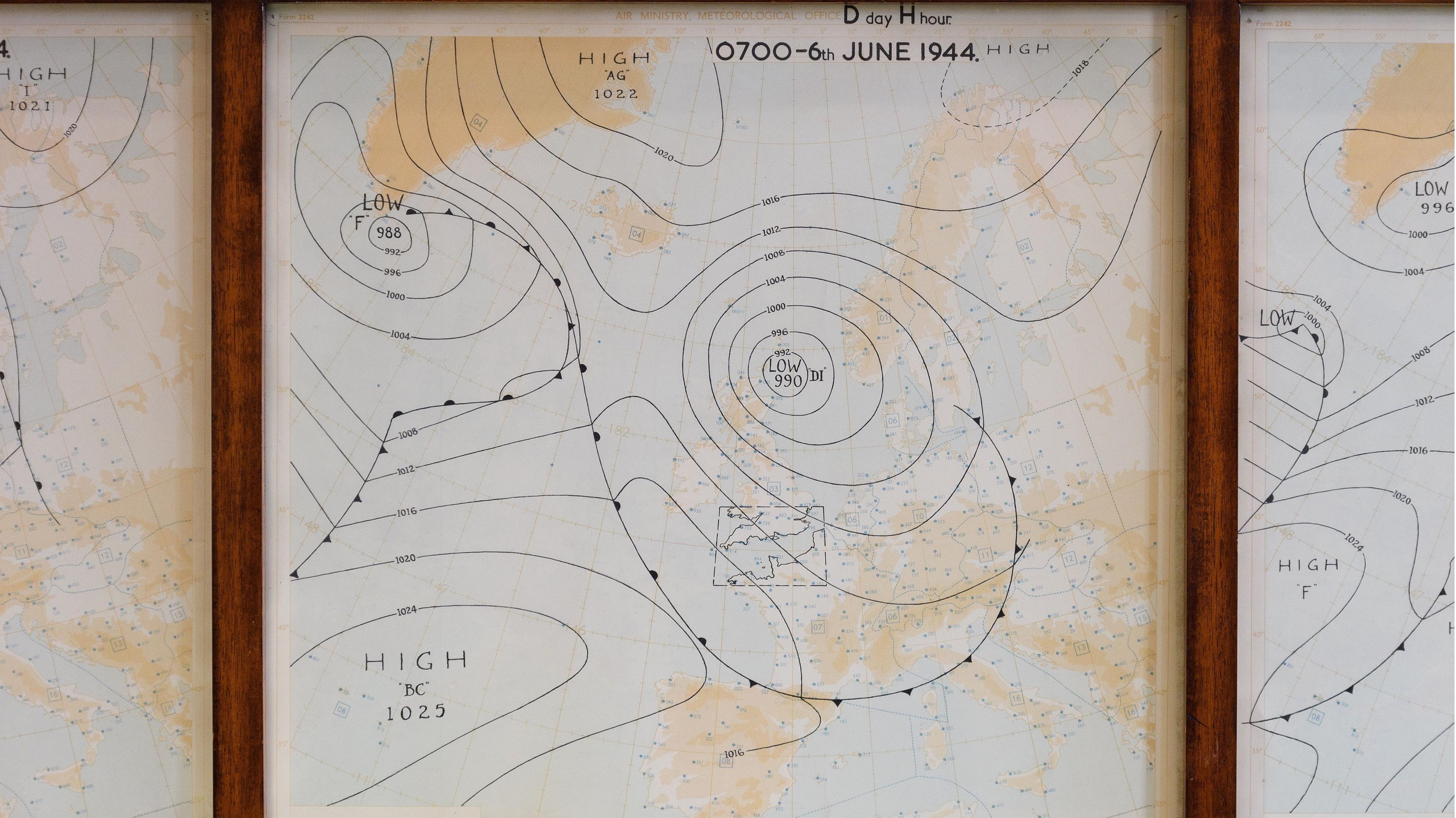 Hand drawn weather charts for 0700 on 6 June 1944. Lines on the chart are isobars and the associated weather fronts. An area of low pressure is centred off north-east Scotland, and an area of high pressure to the west of Spain