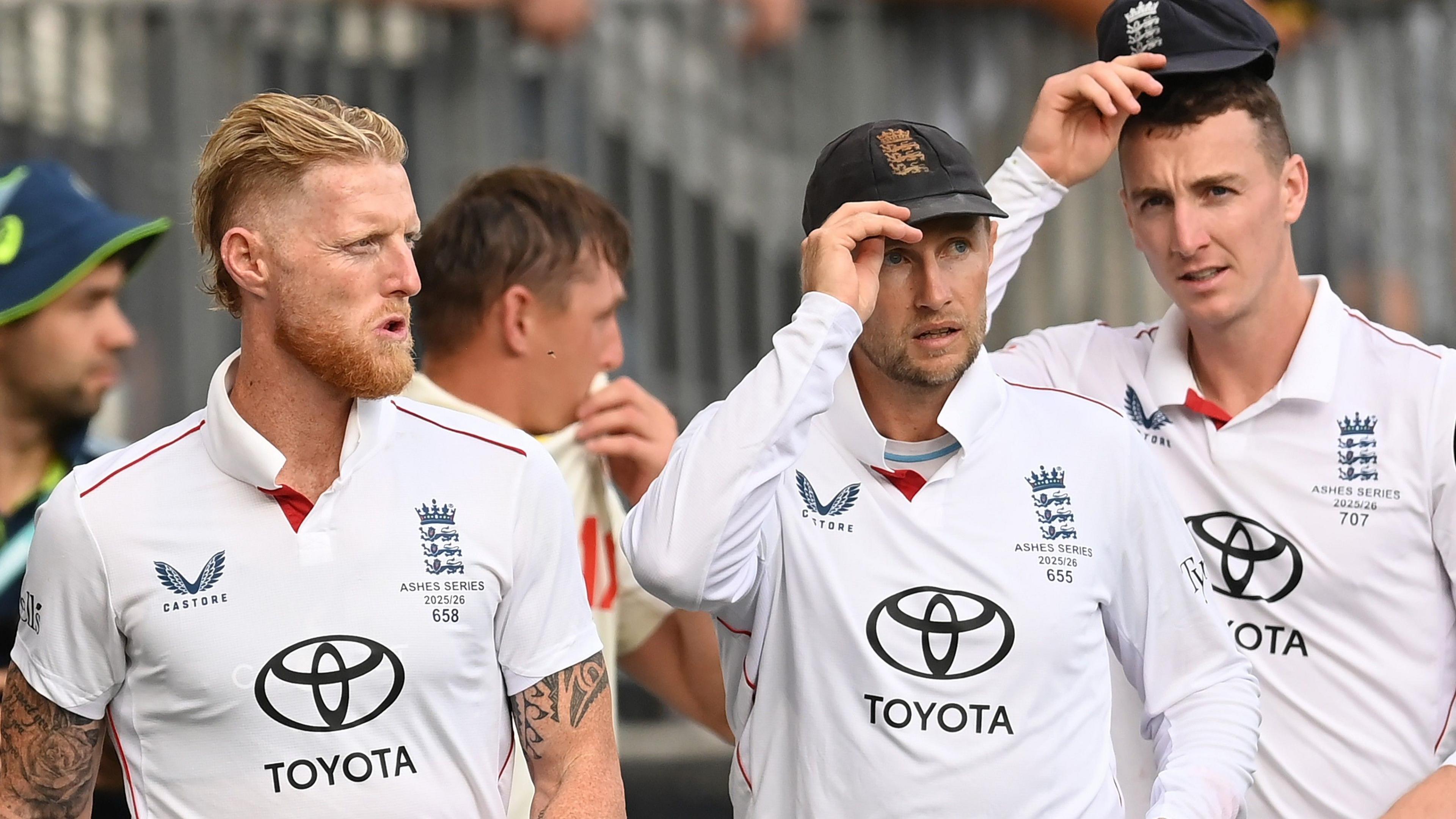 England batters Ben Stokes, Joe Root and Harry Brook look disappointed