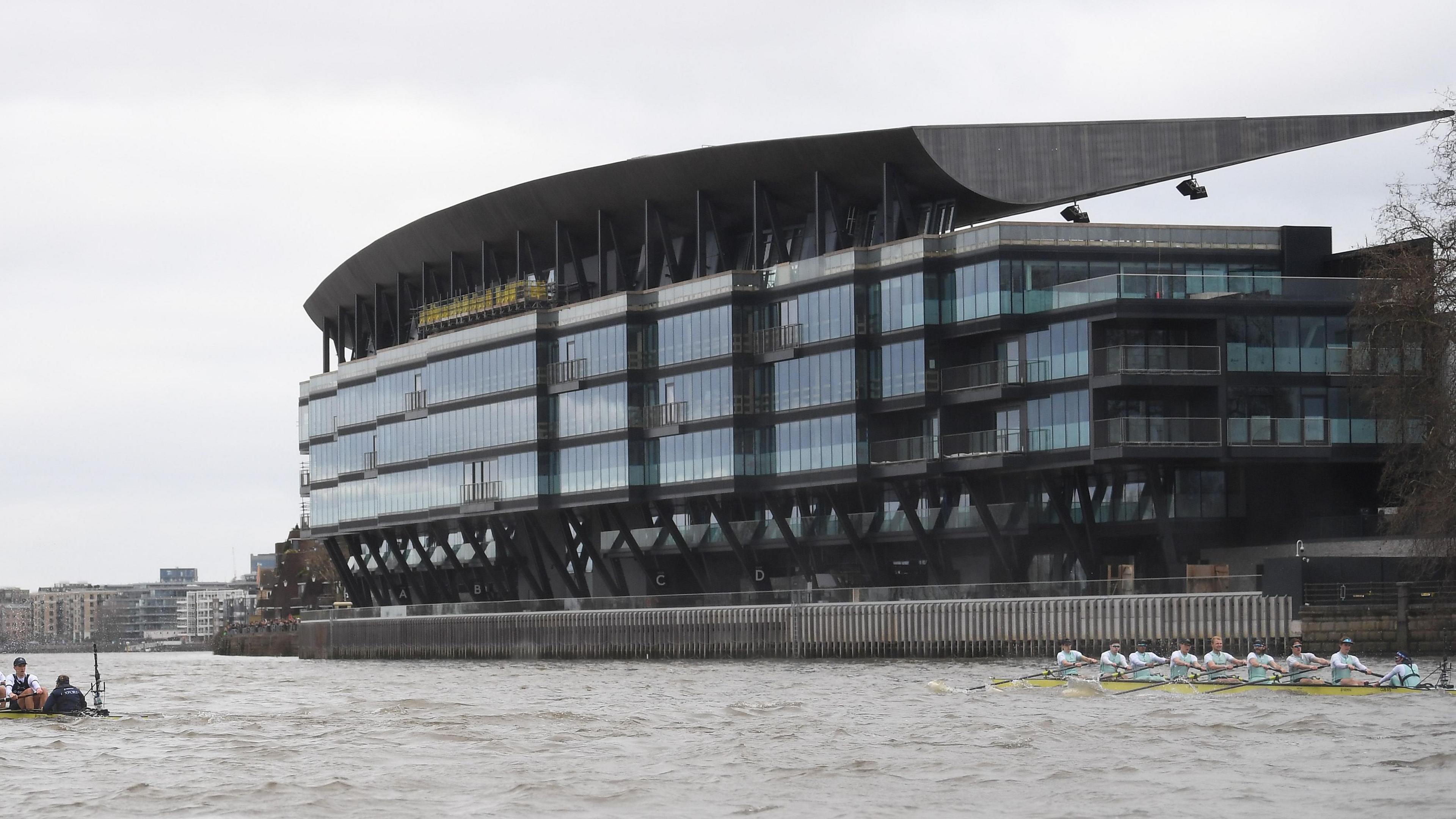 A view of Fulham's Riverside stand from the River Thames