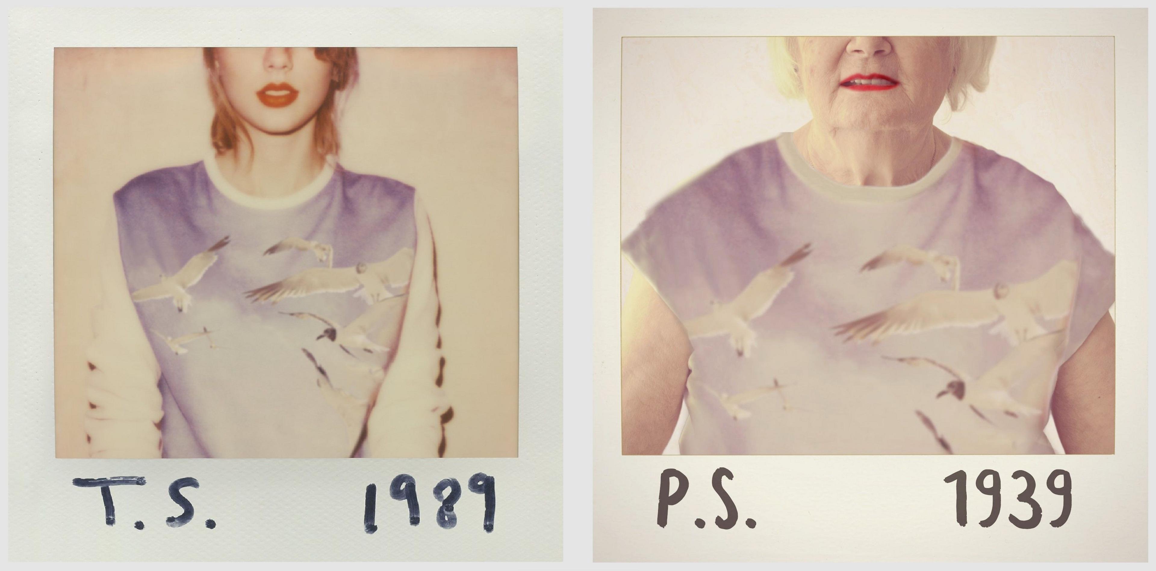 An older woman with white hair recreates Taylor Swift's 1989 album cover. The cover features an instand print photo of Taylor Swift wearing red lipstick and a purple t-shirt with seagulls on. At the bottom of the photo "T.S. 1989" is written in black pen. In the recreation, the bottom of the photo reads "P.S. 1939"