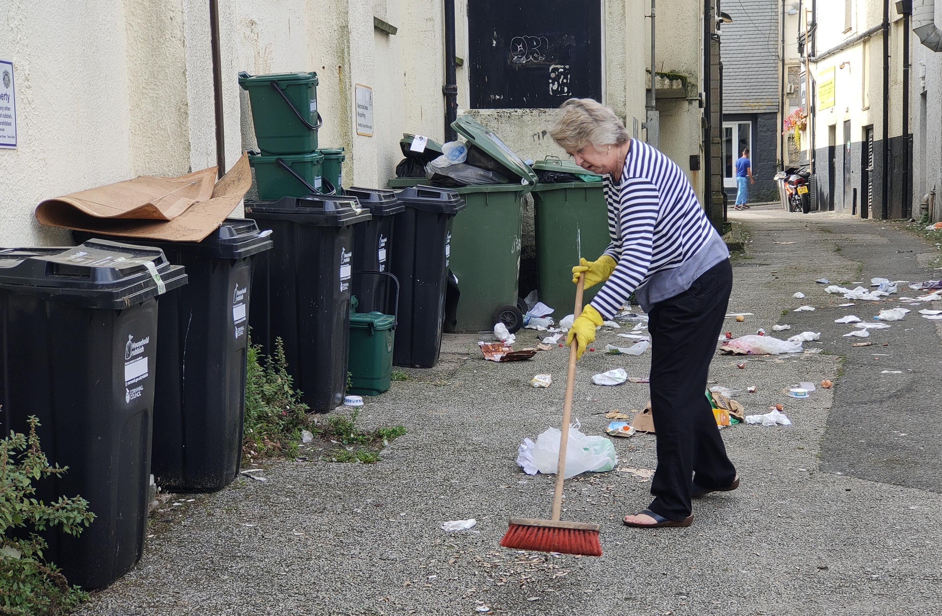 A row of black and green bins stand to the left while a woman on the road to the right sweeps up rubbish which is scattered across the ground