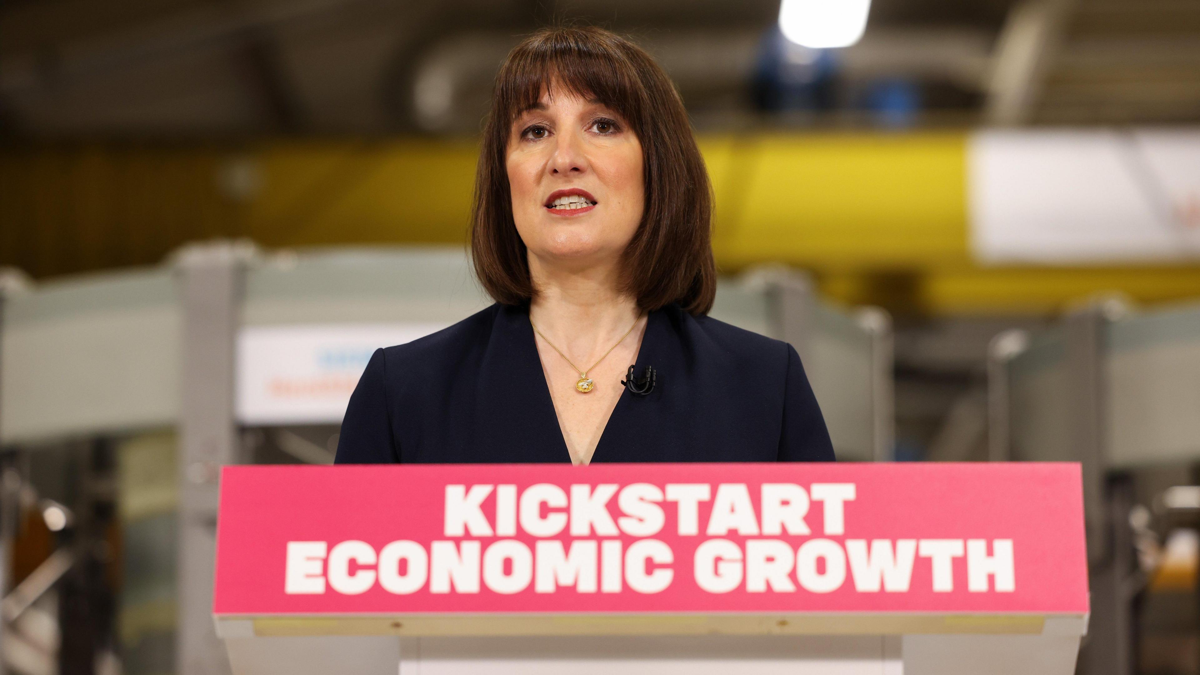 Rachel Reeves at a podium which says 'Kickstart economic growth'