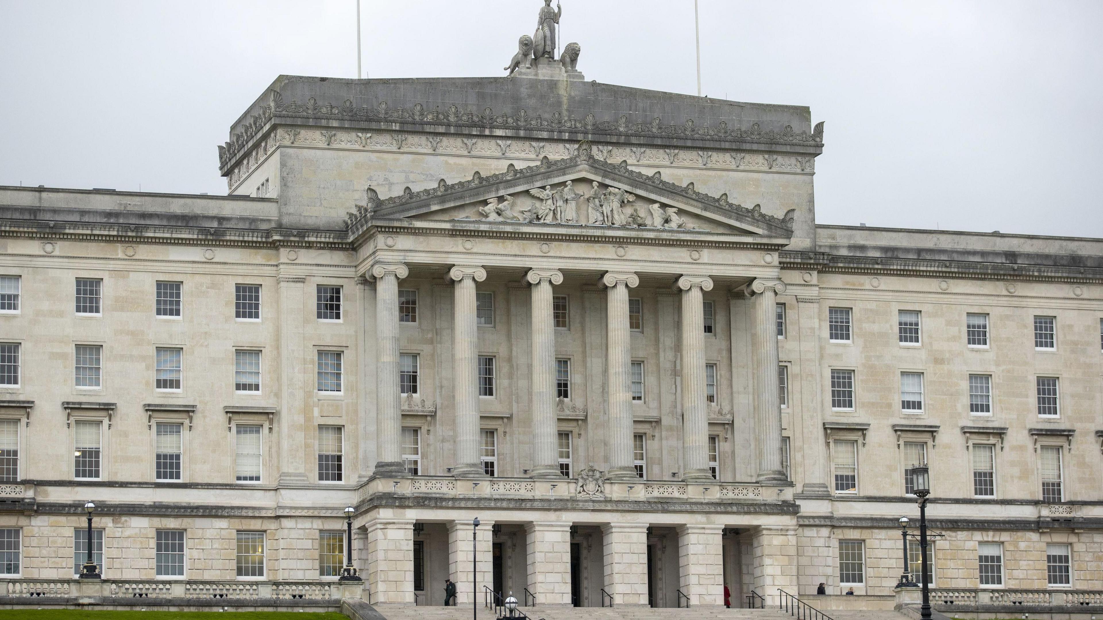 Stormont. It is a large Greek classical style building with six columns at the front.