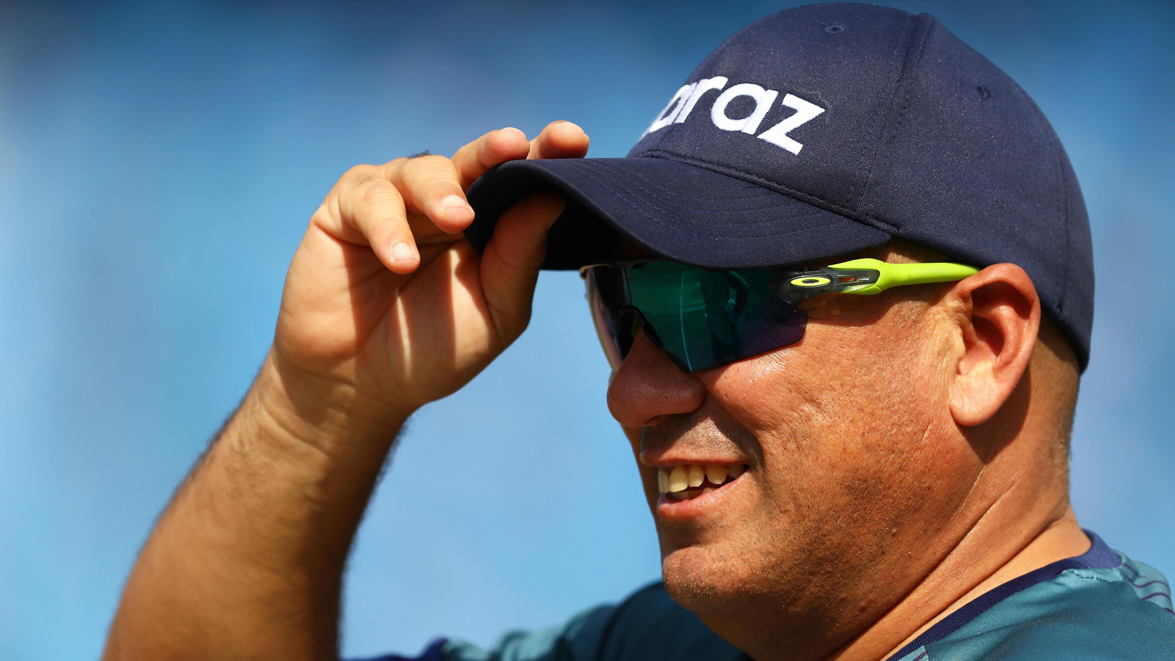 Russell Domingo, head coach of Bangladesh looks on ahead of the ICC Men's T20 World Cup match between Australia and Bangladesh at Dubai International Stadium.