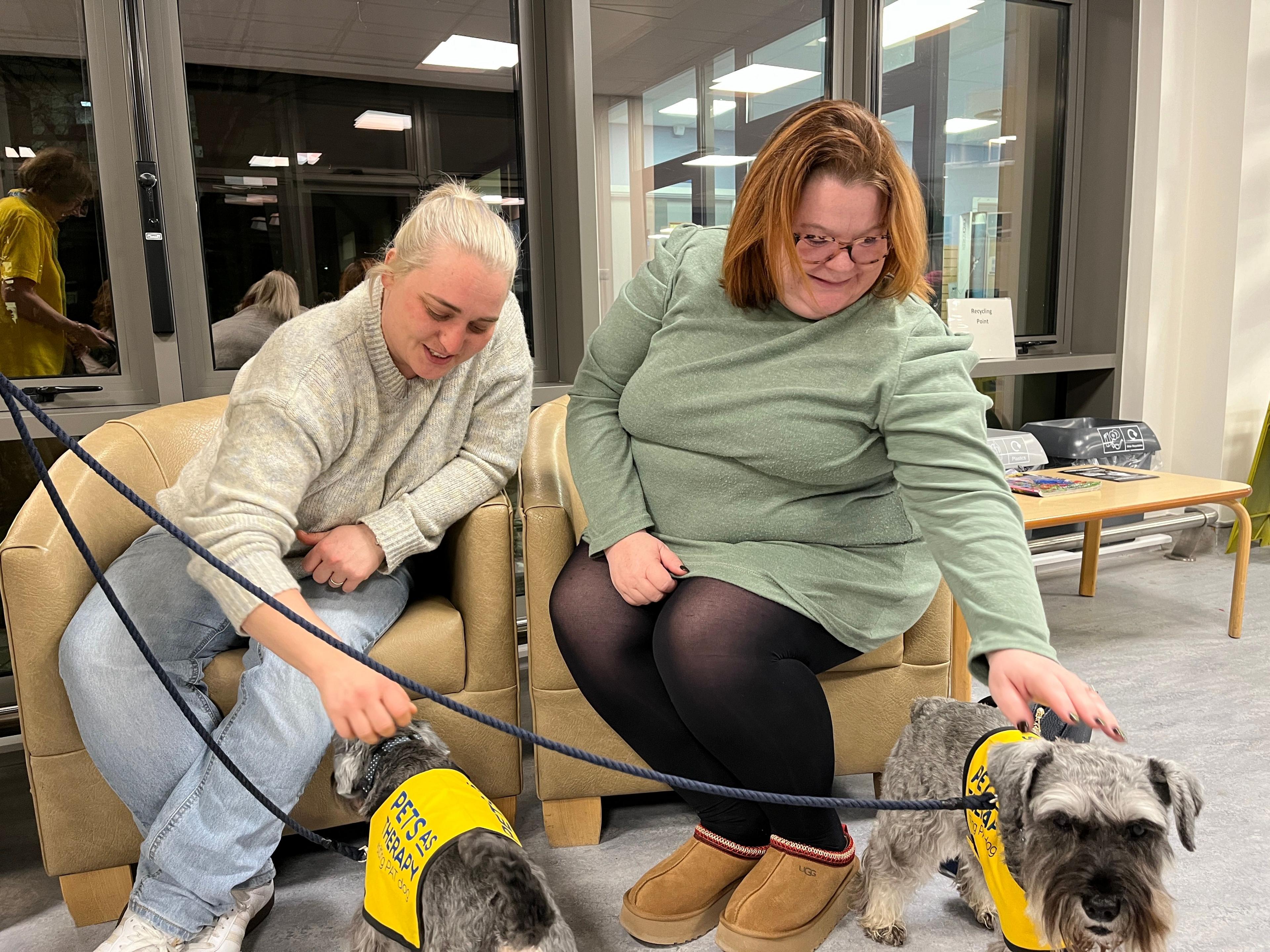 Two women, one with blond hair and one with ginger hair, sit in chairs in the radiotherapy unit while stroking two miniature schnauzers wearing yellow PAT dog bibs.