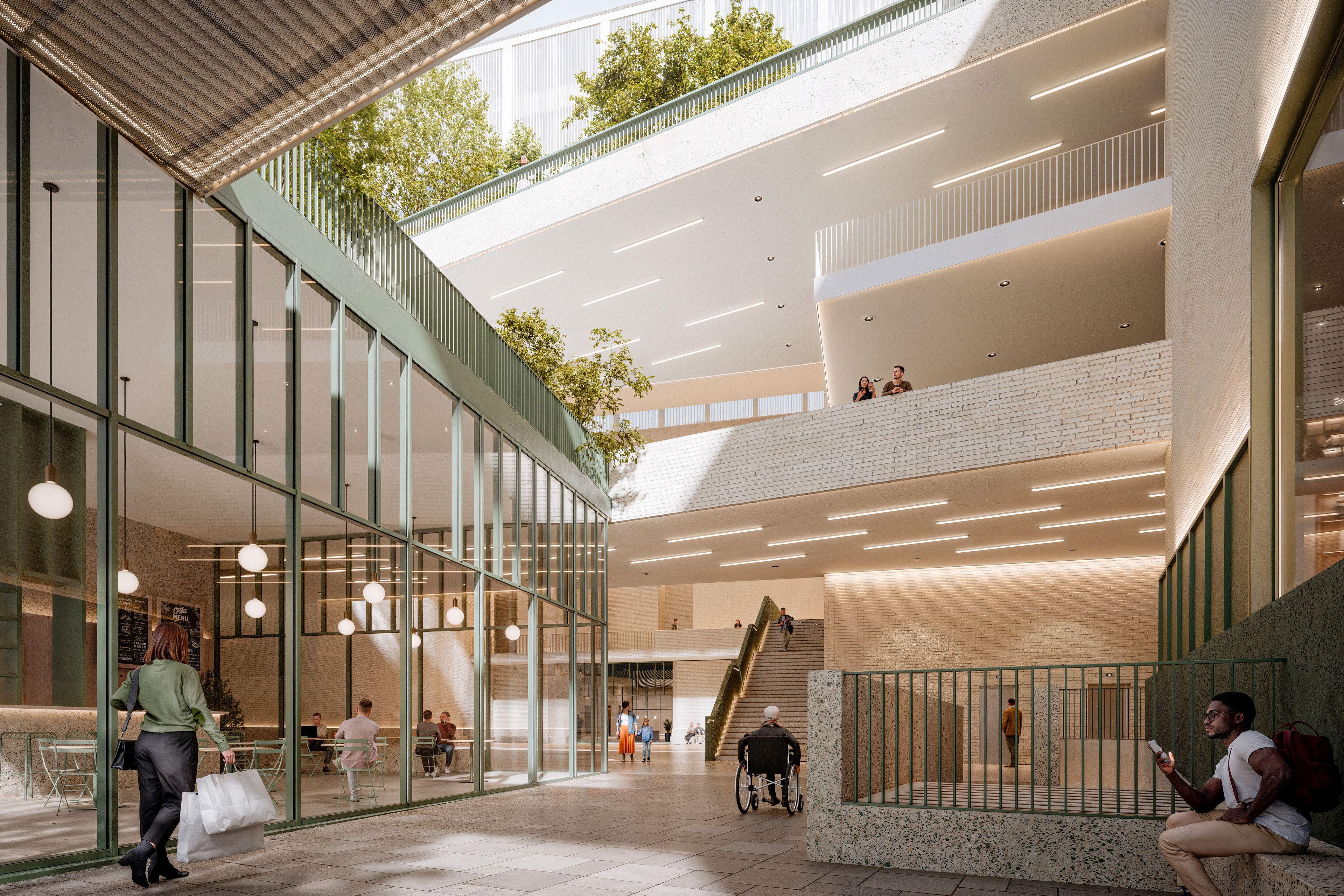 Computer render of Belfast Stories interior. A large, bright airy foyer with mezzanines looking down on glass wall features. There is a visible roof garden.