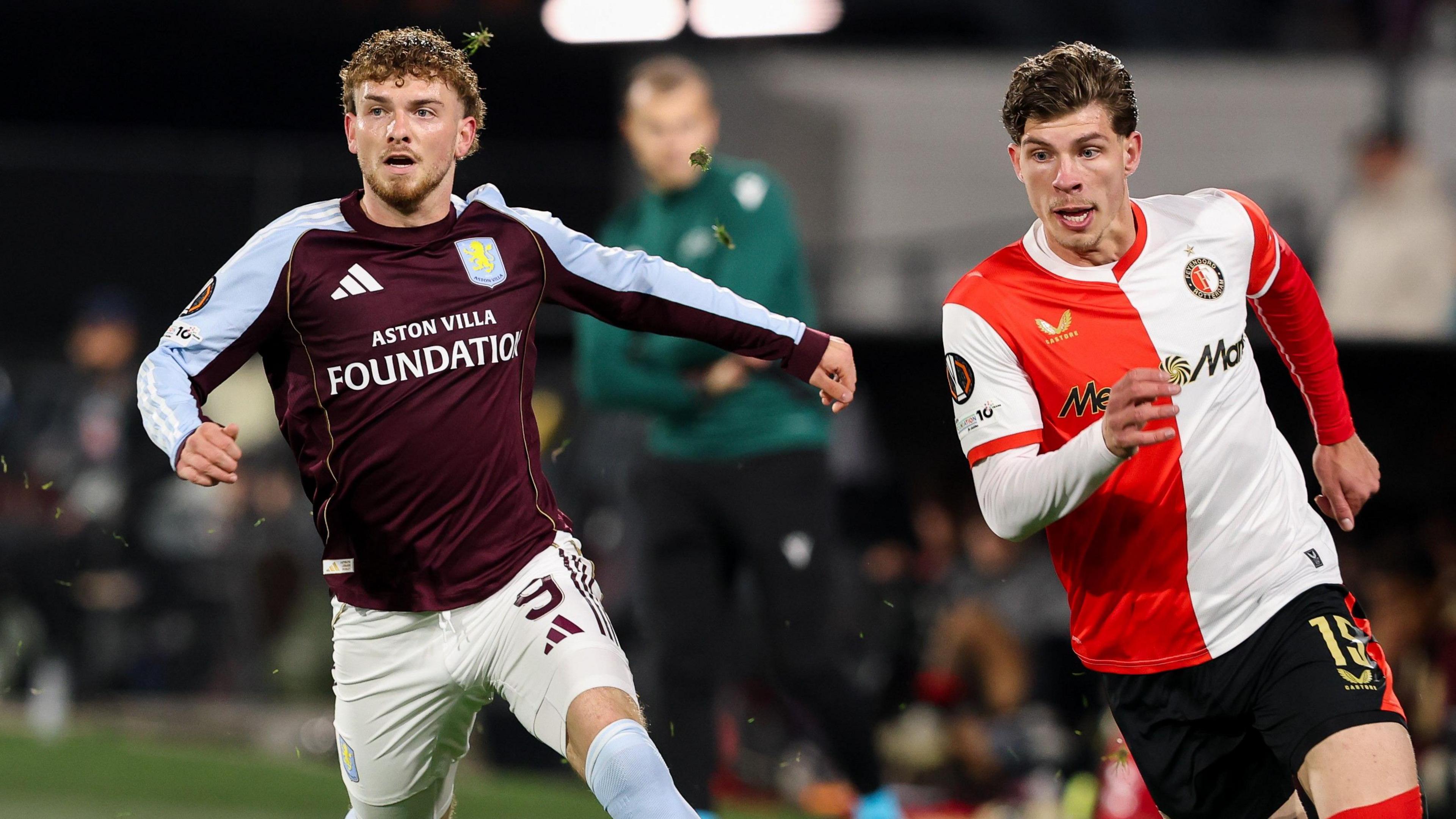 Harvey Elliott playing for Aston Villa against Feyenoord