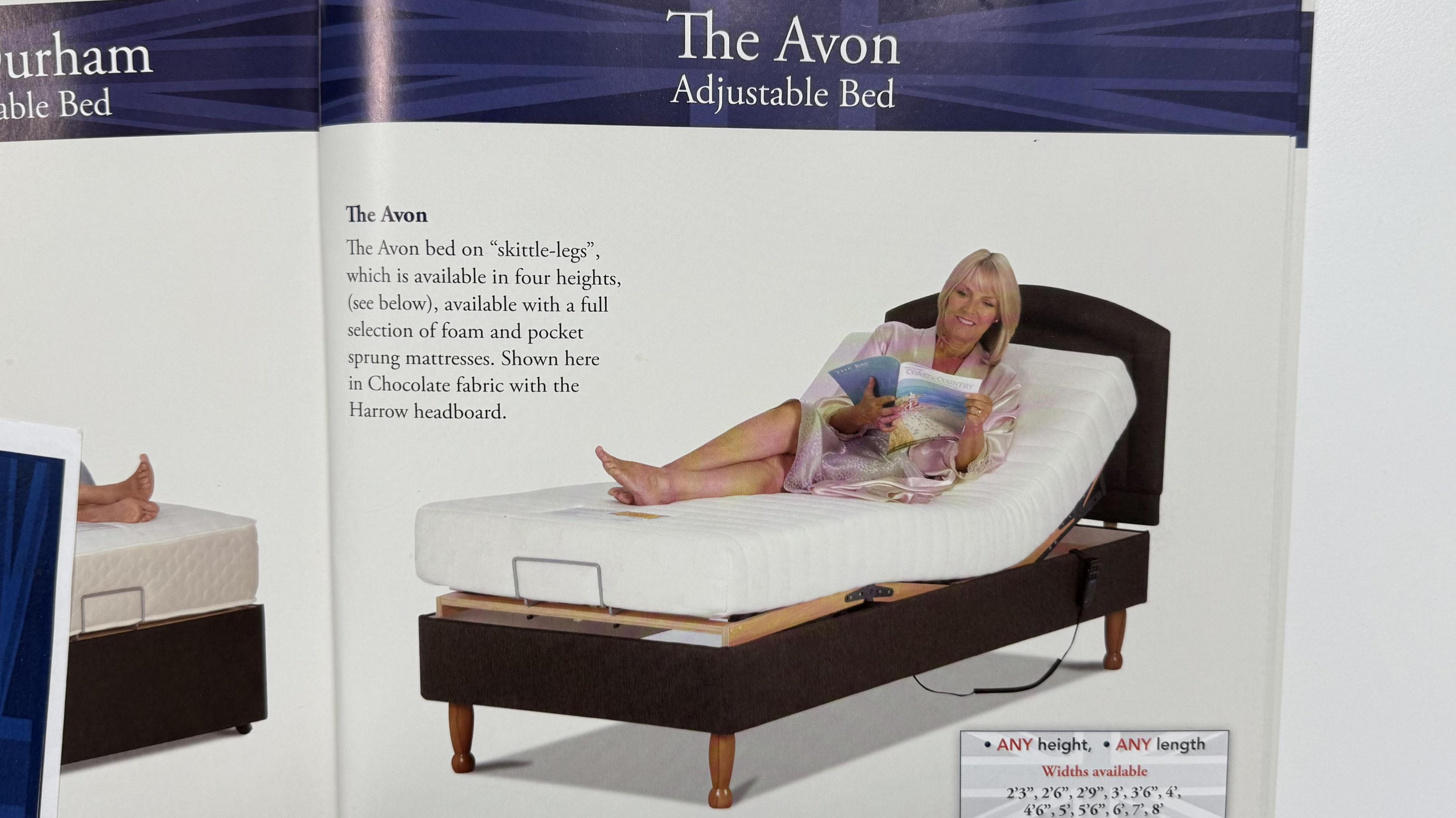 Brochure of an adjustable bed. There's a women laying down on it. It looks like it can go up and down. It's got writing at the top of the brochure saying "The Avon, Adjustable Bed."