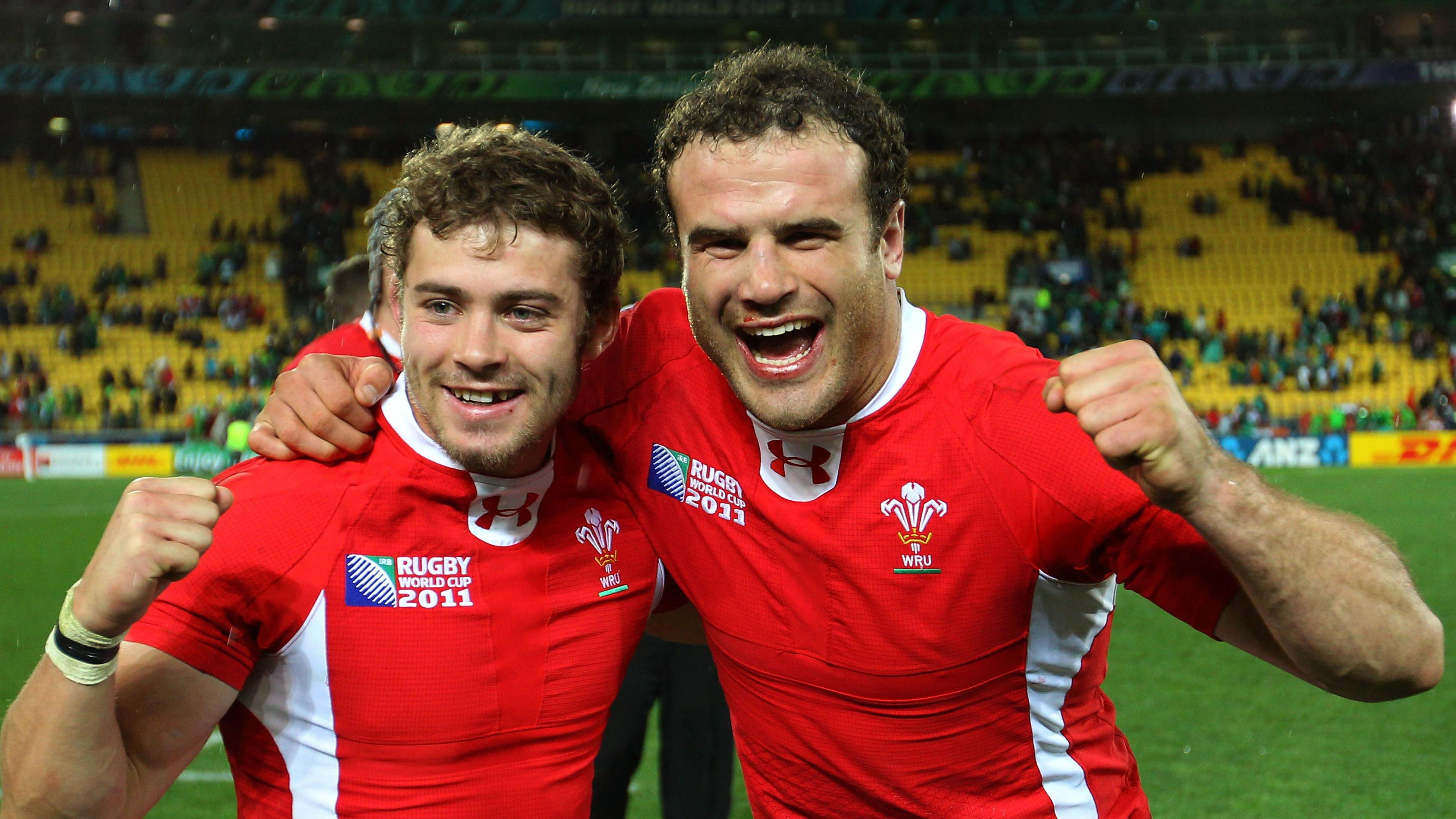 Leigh Halfpenny and Jamie Roberts celebrate Wales' 2011 World Cup quarter-final win over Ireland