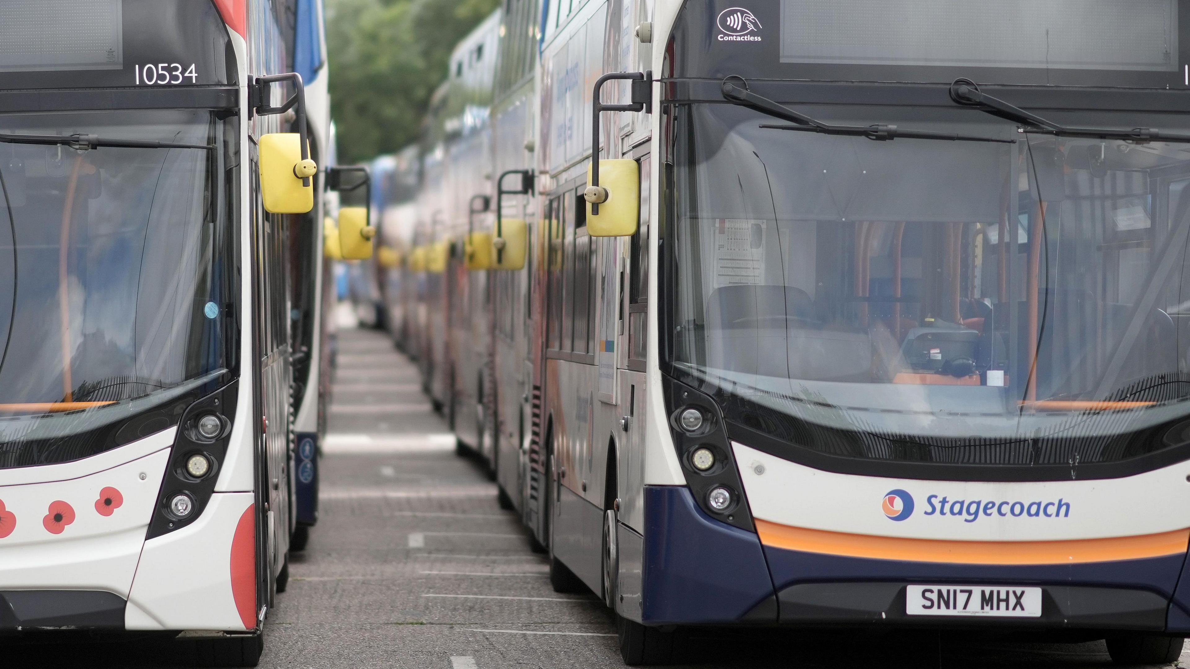 Two Stagecoach buses parked facing the camera.