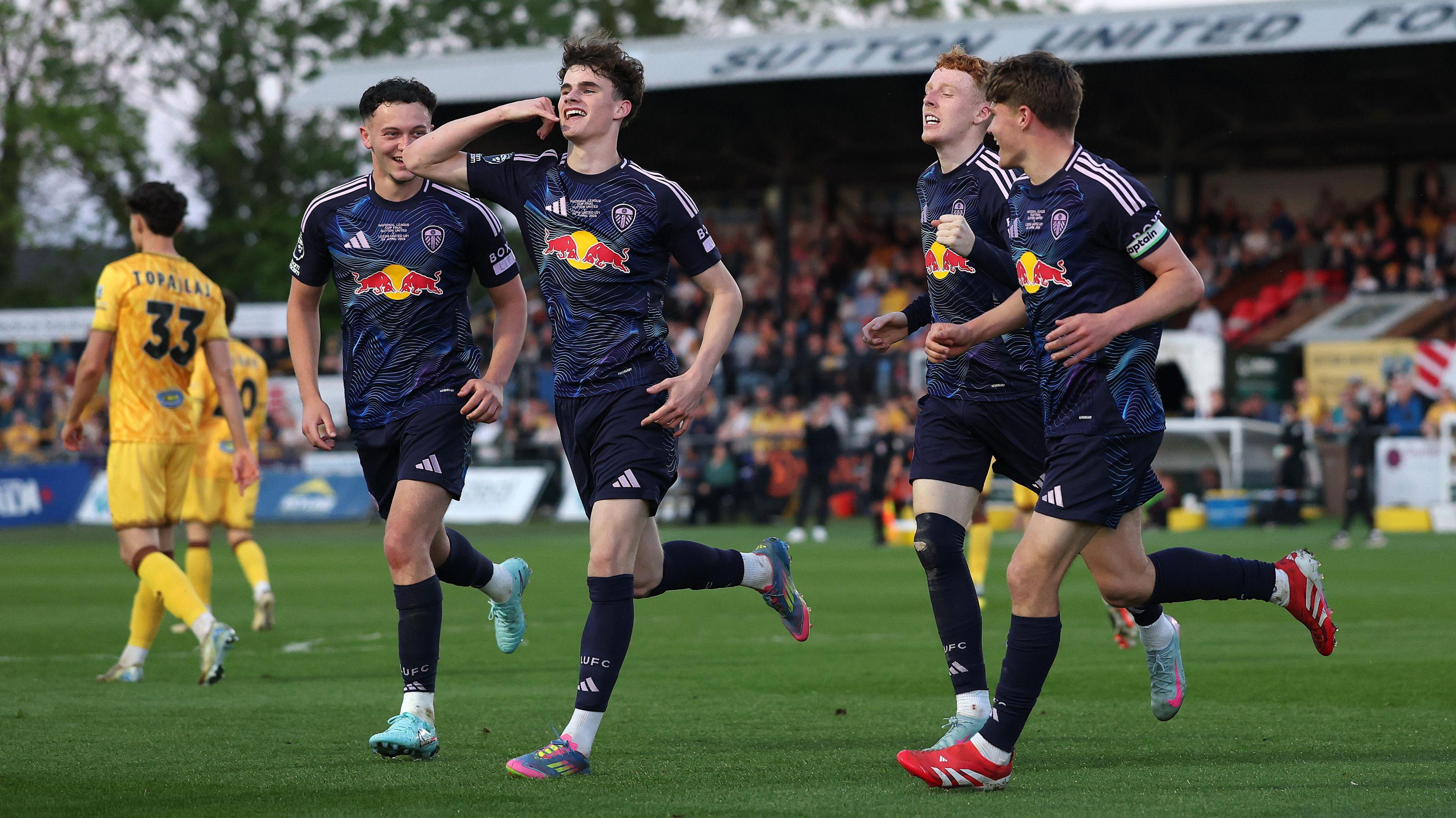 Harry Gray celebrates scoring for Leeds U21s in their 2-1 win in the National League Cup final against Sutton