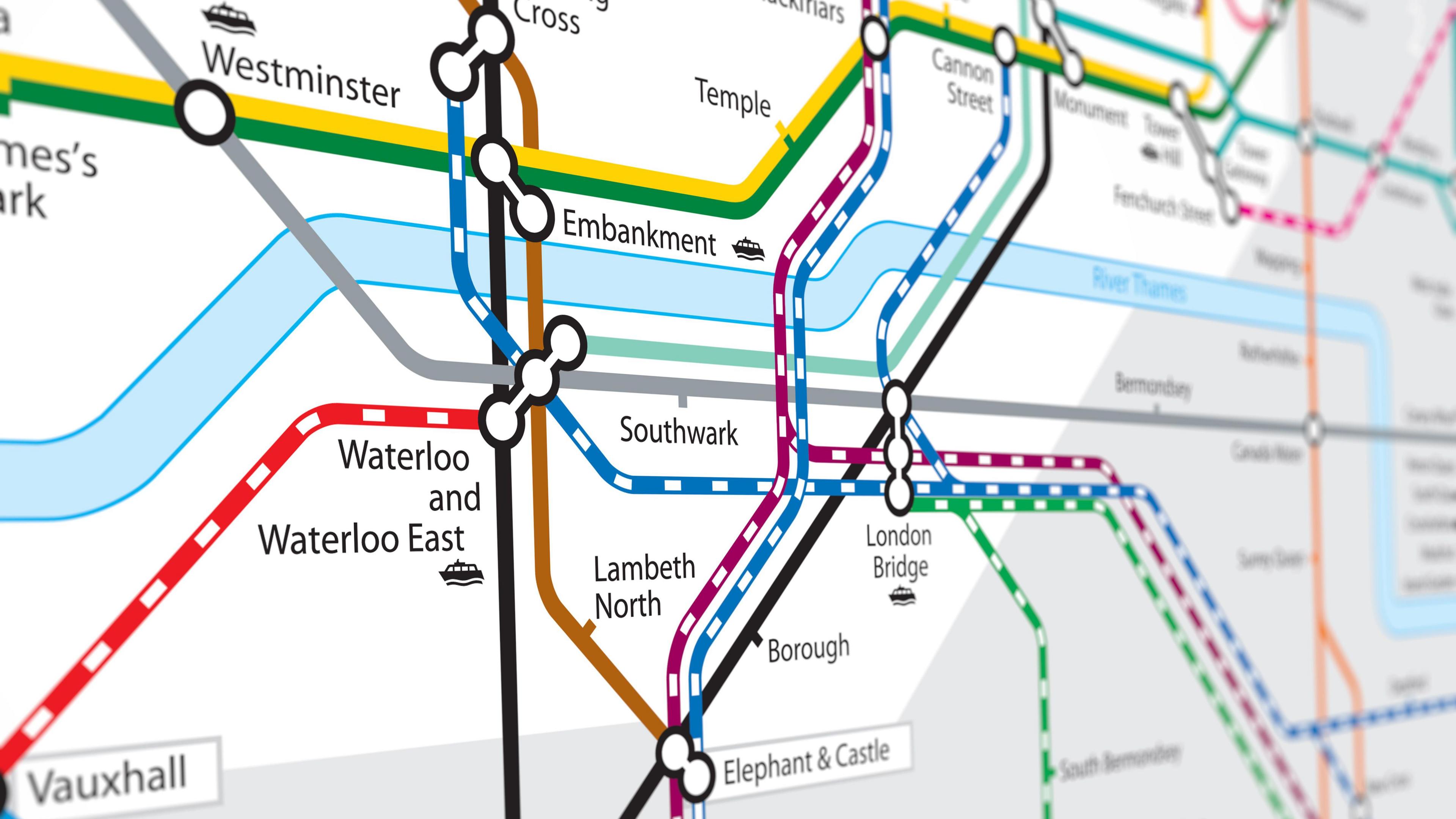 A close-up image of the London Underground map, featuring stations including London Bridge and Lambeth North