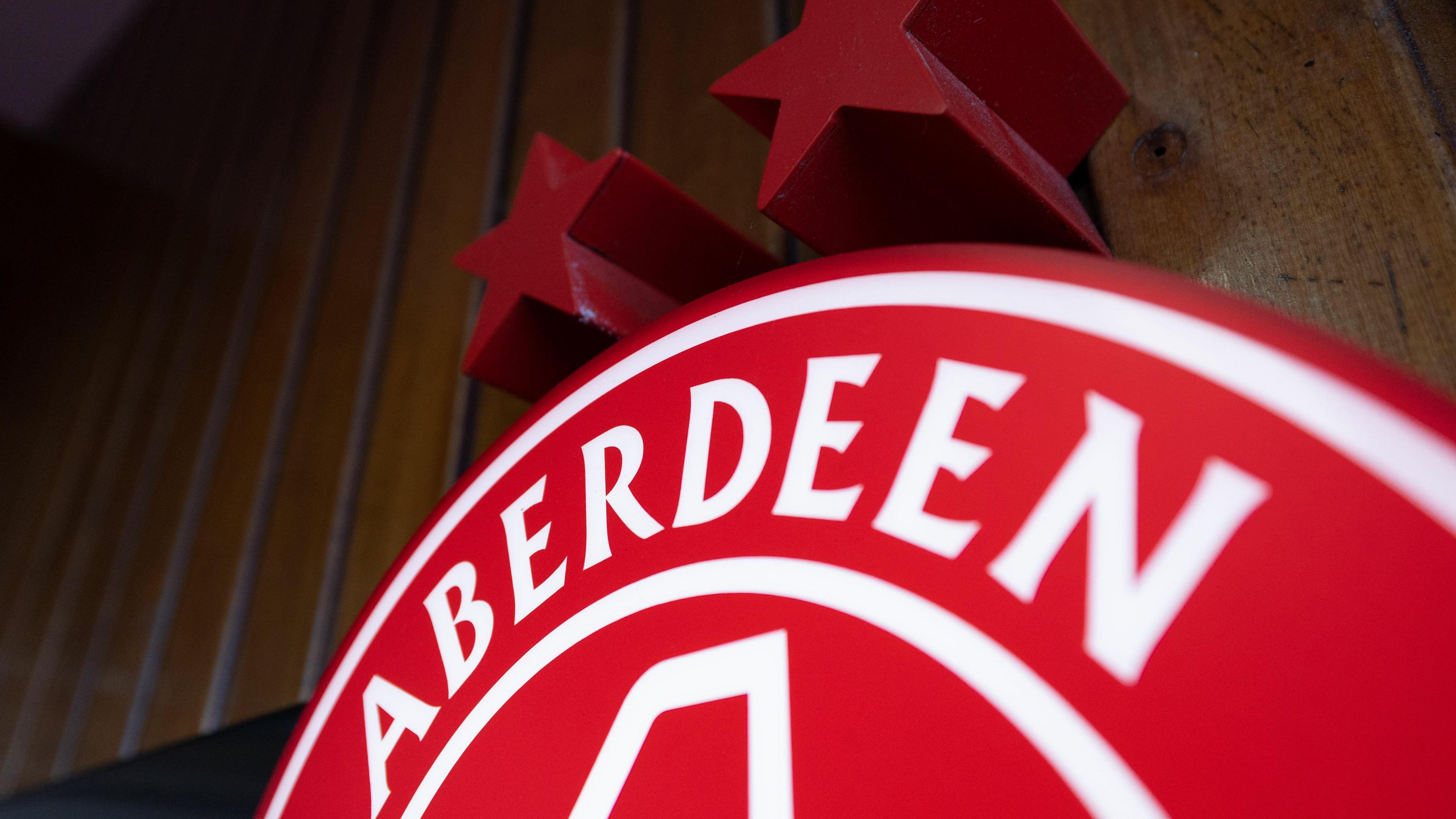 A general view of an Aberdeen badge during a cinch Premiership match between Aberdeen and Celtic at Pittodrie Stadium, on February 03, 2024, in Aberdeen, Scotland.