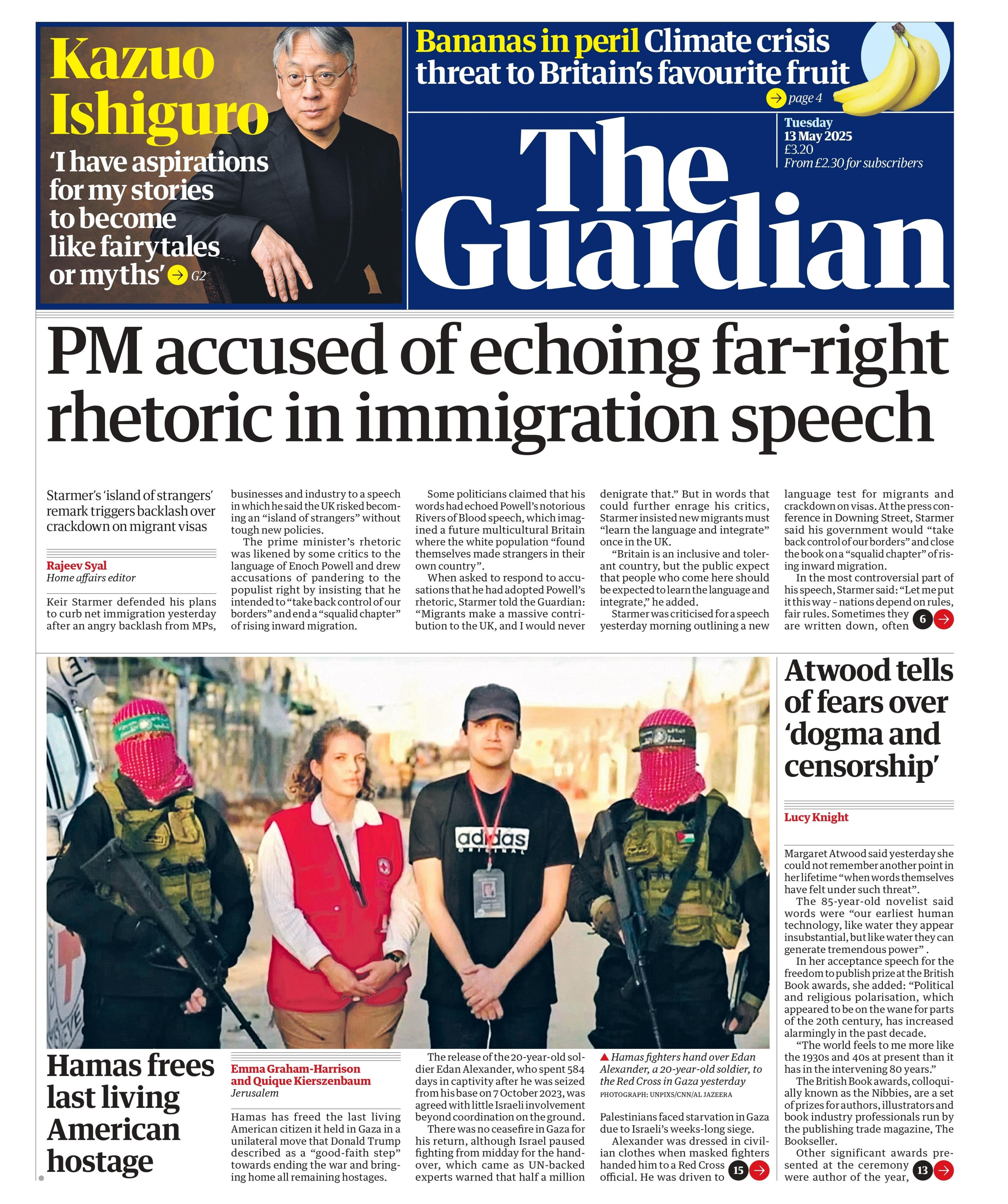 The headline of The Guardian reads: "PM accused of echoing far-right rhetoric in immigration speech."