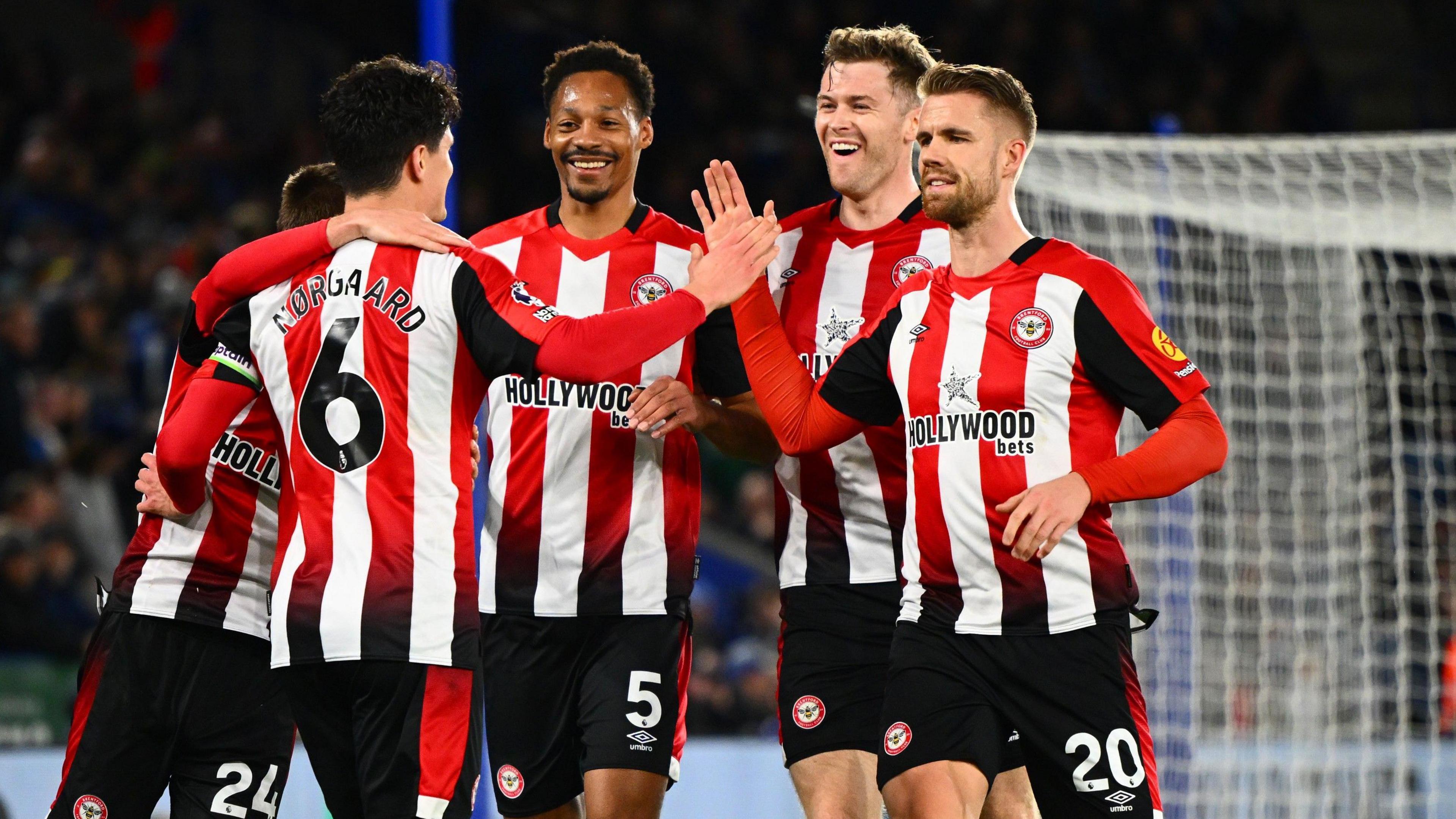 Brentford celebrate their third goal of the game at Leicester.