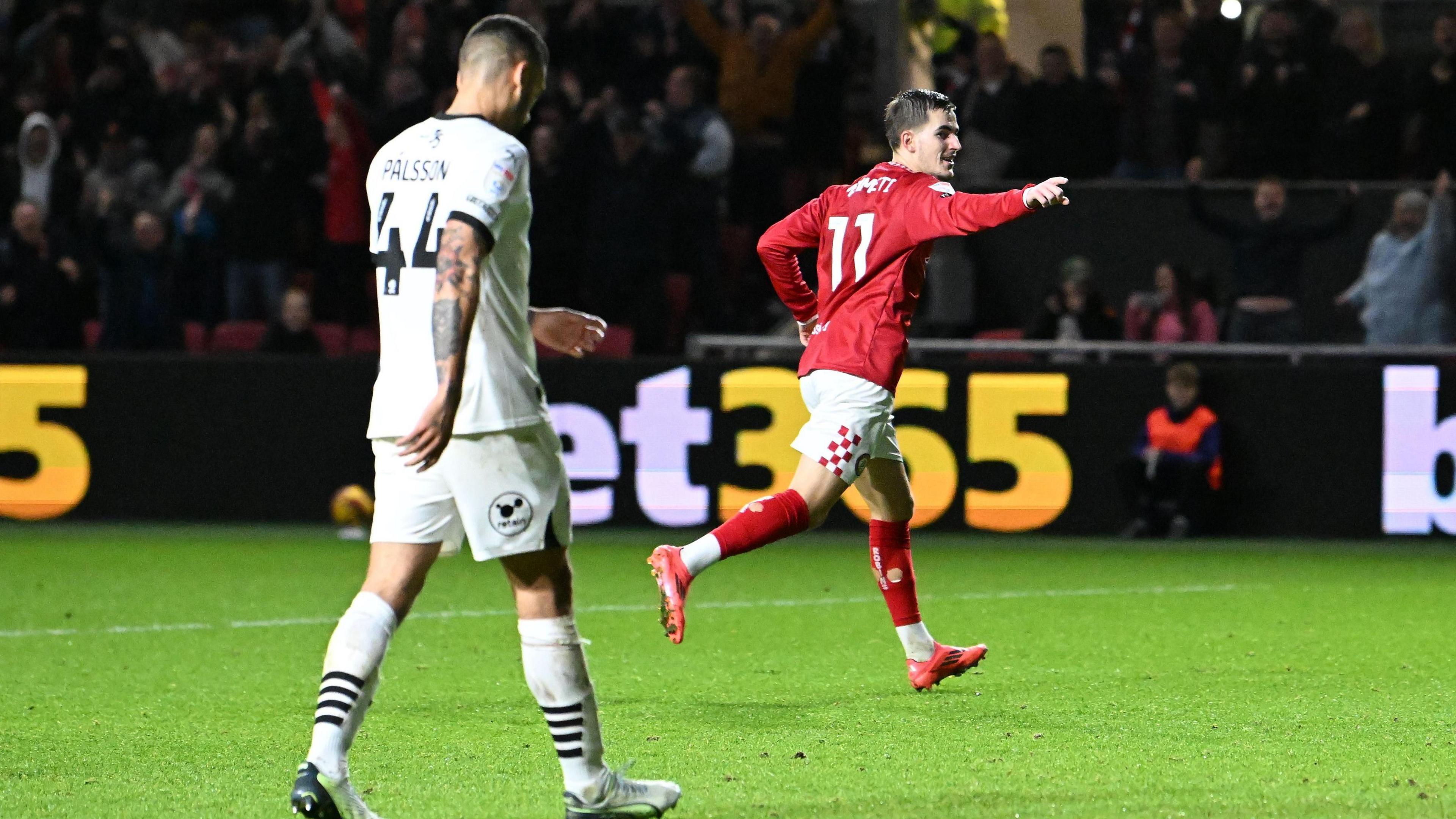 Anis Mehmeti (11) of Bristol City celebrates scoring the third goal during the EFL Sky Bet Championship match between Bristol City and Plymouth Argyle at Ashton Gate.