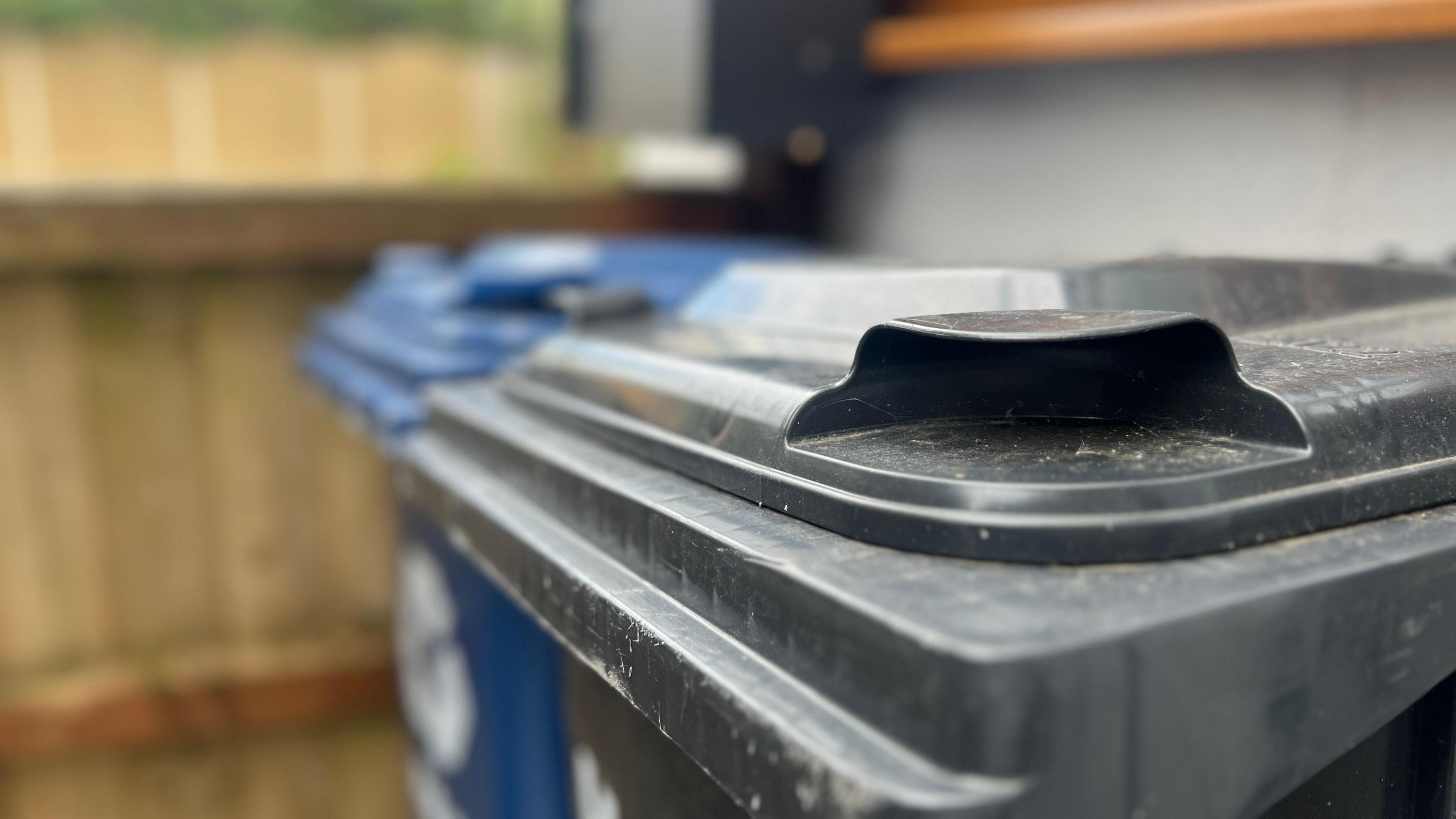 A blue and a grey recycling bin outdoors next to a wooden gate. The image has been cropped to just show the top half of both bins. 