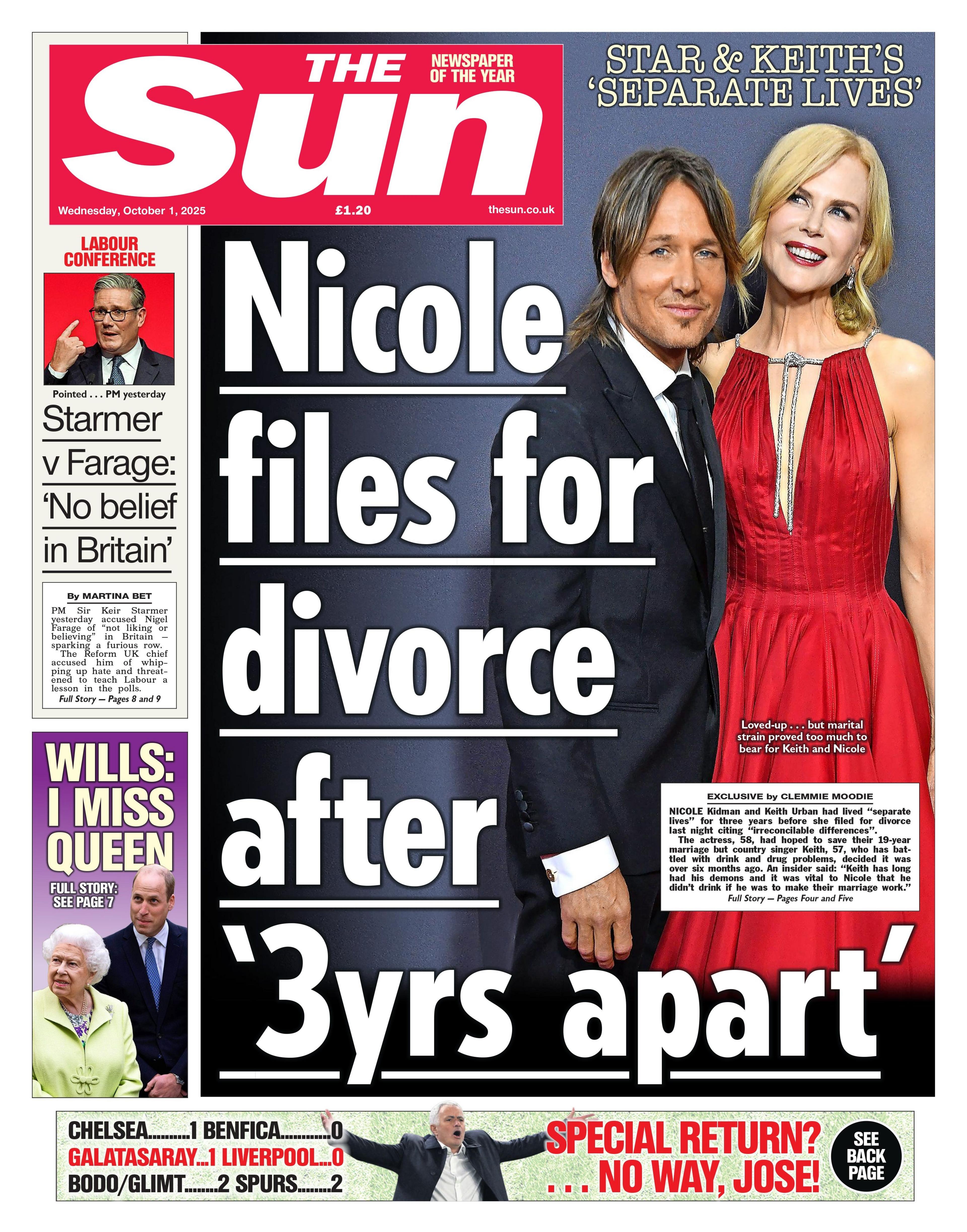 The headline on the front page of the Sun reads: "Nicole files for divorce after '3 yrs [years] apart'". It appears alongside a photo of actress Nicole Kidman and artist Keith Urban.