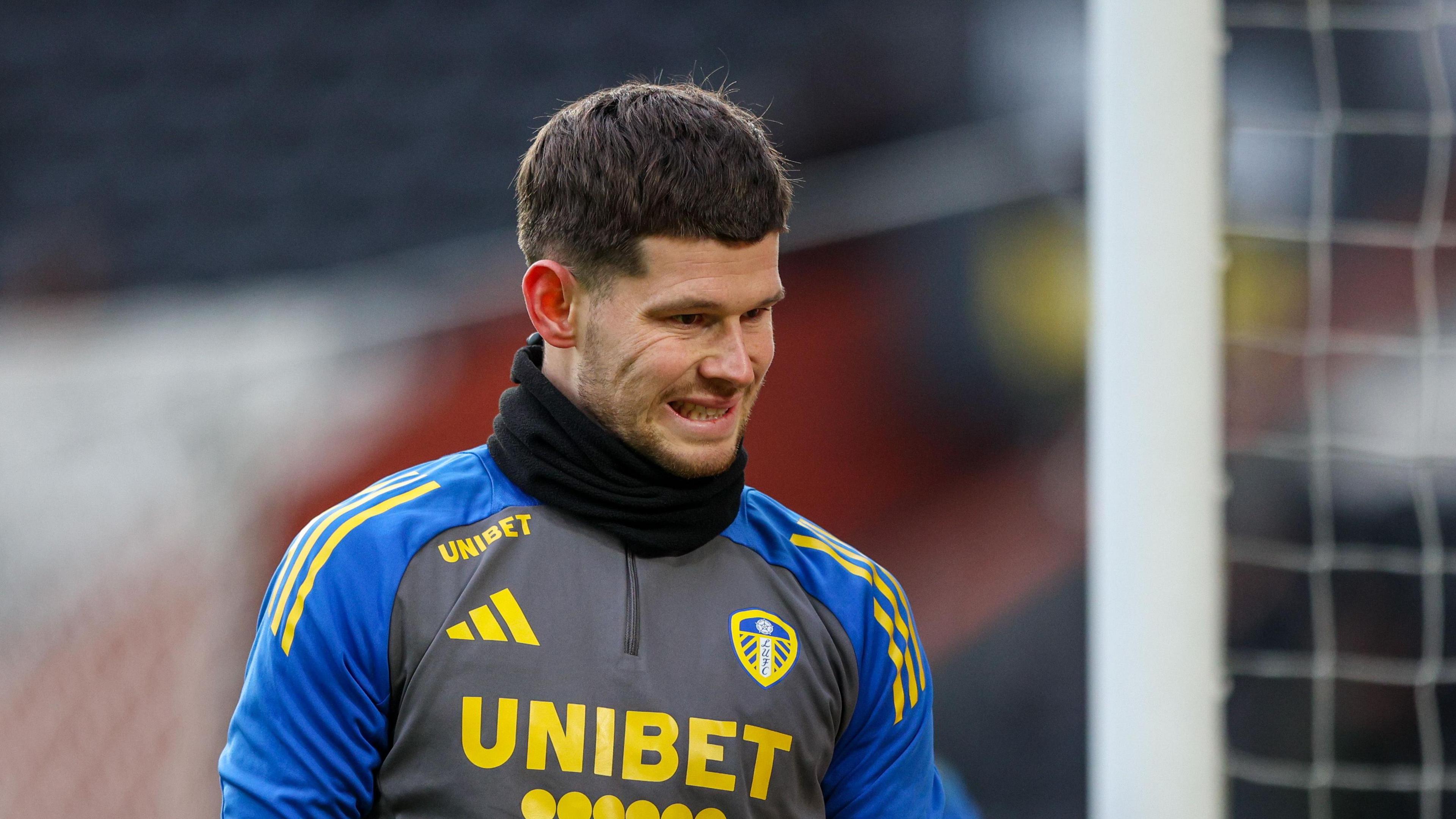 Leeds keeper Illan Meslier during a warm-up before their game against Hull City