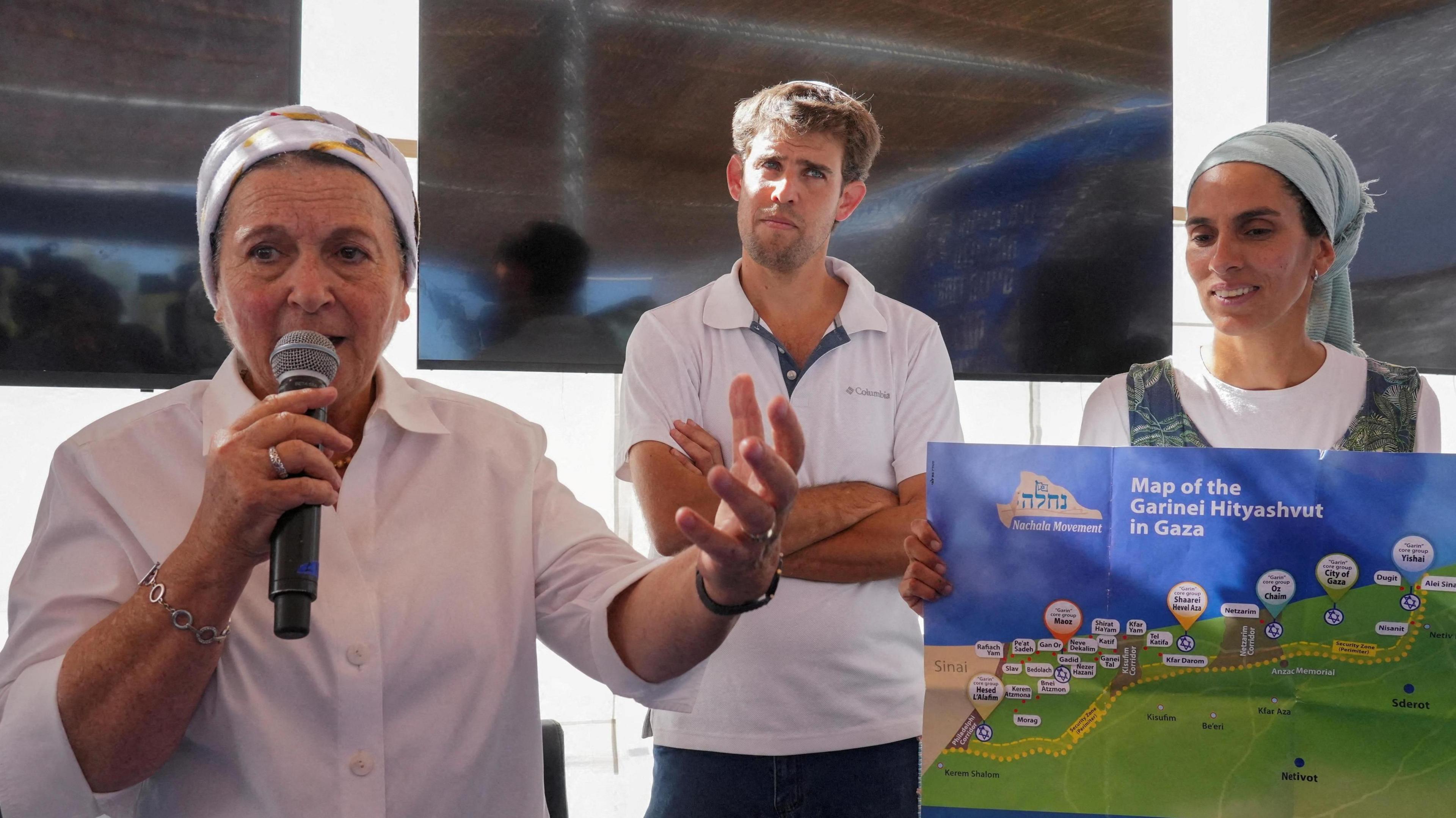 (File photo) Daniella Weiss, founder of the Israeli settlement organisation Nachala, speaks during a conference on the resettlement of the Gaza Strip, in Kibbutz Be'eri, southern Israel (21 October 2024)