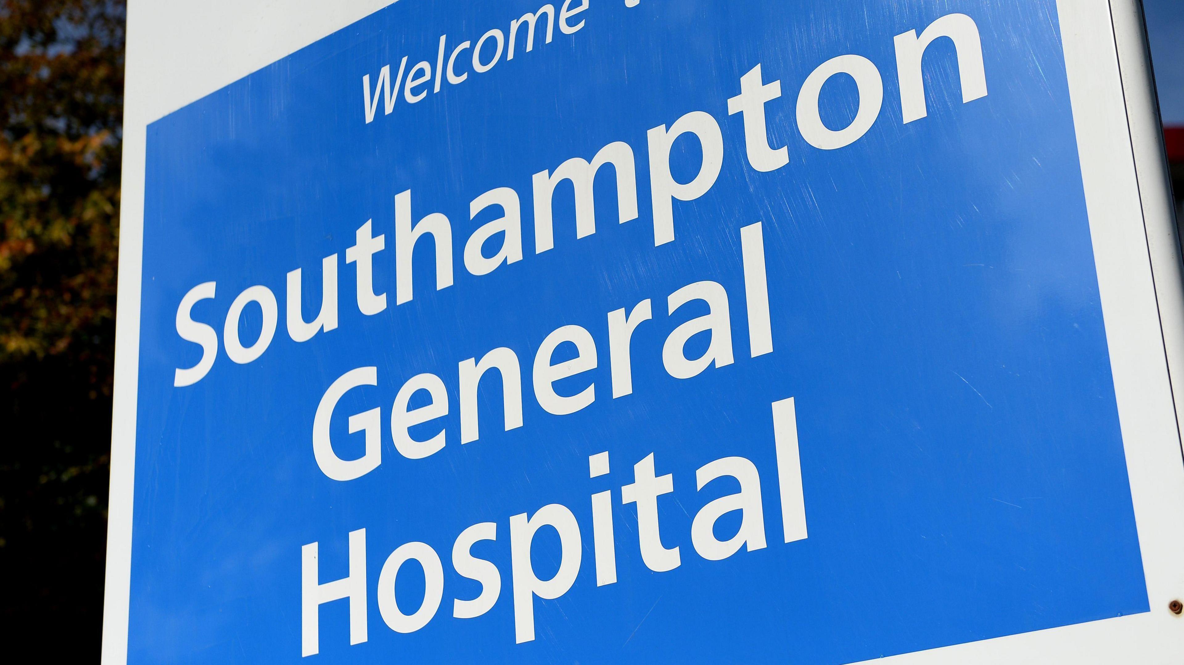 The general exterior view of Southampton General Hospital sign.
