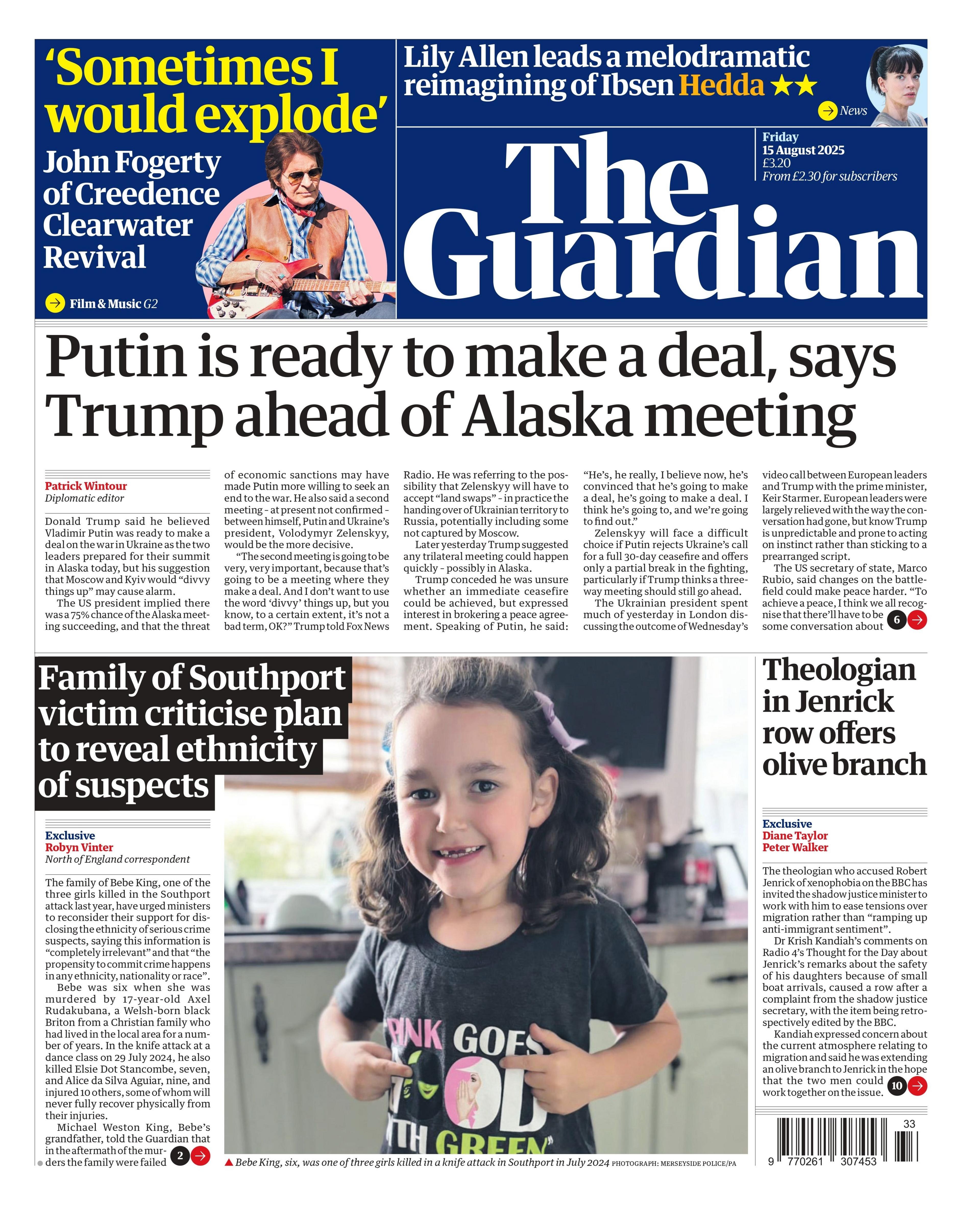 The headline on the front page of the Daily Mail reads: "Putin is ready to make a deal, says Trump ahead of Alaska meeting". 