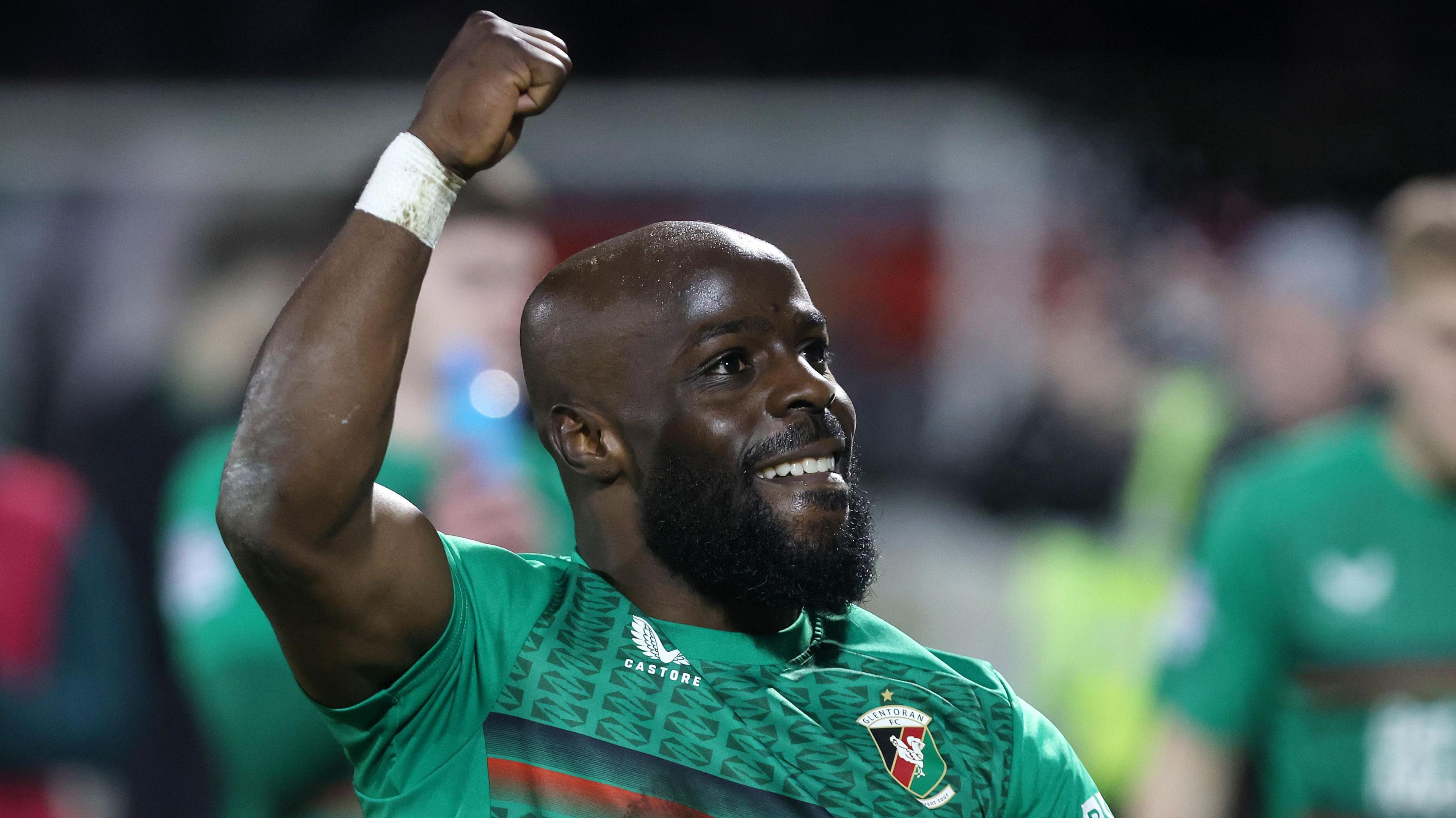 Fuad Sule celebrates Glentoran's 1-0 victory over Linfield in November