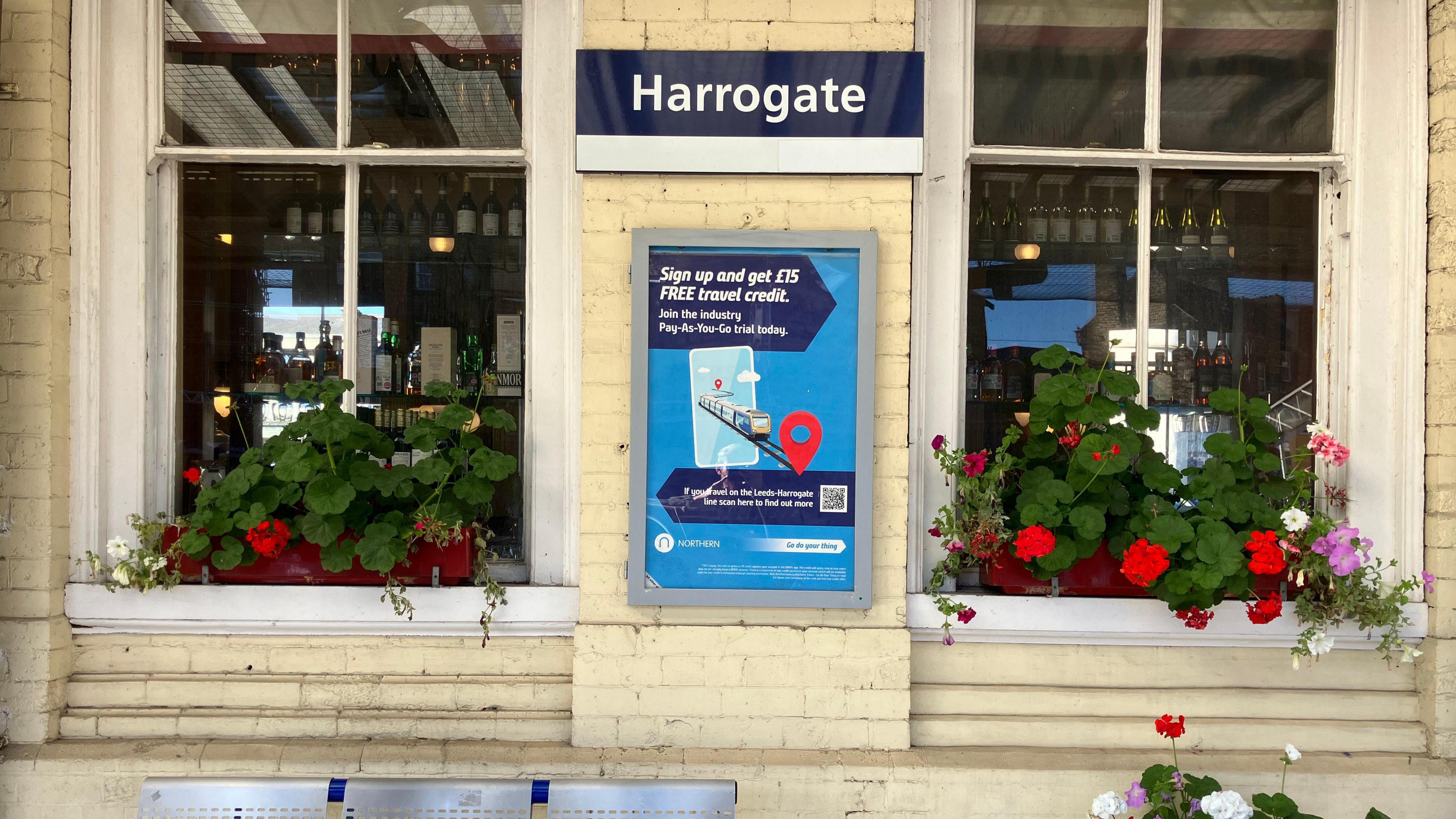 A metal bench with blue accents sits beneath a blue “Harrogate” station sign, flanked by two large windows decorated with flower boxes of red, white and purple blooms. A travel‑promotion poster hangs between the windows, showing a smartphone map and a QR code.