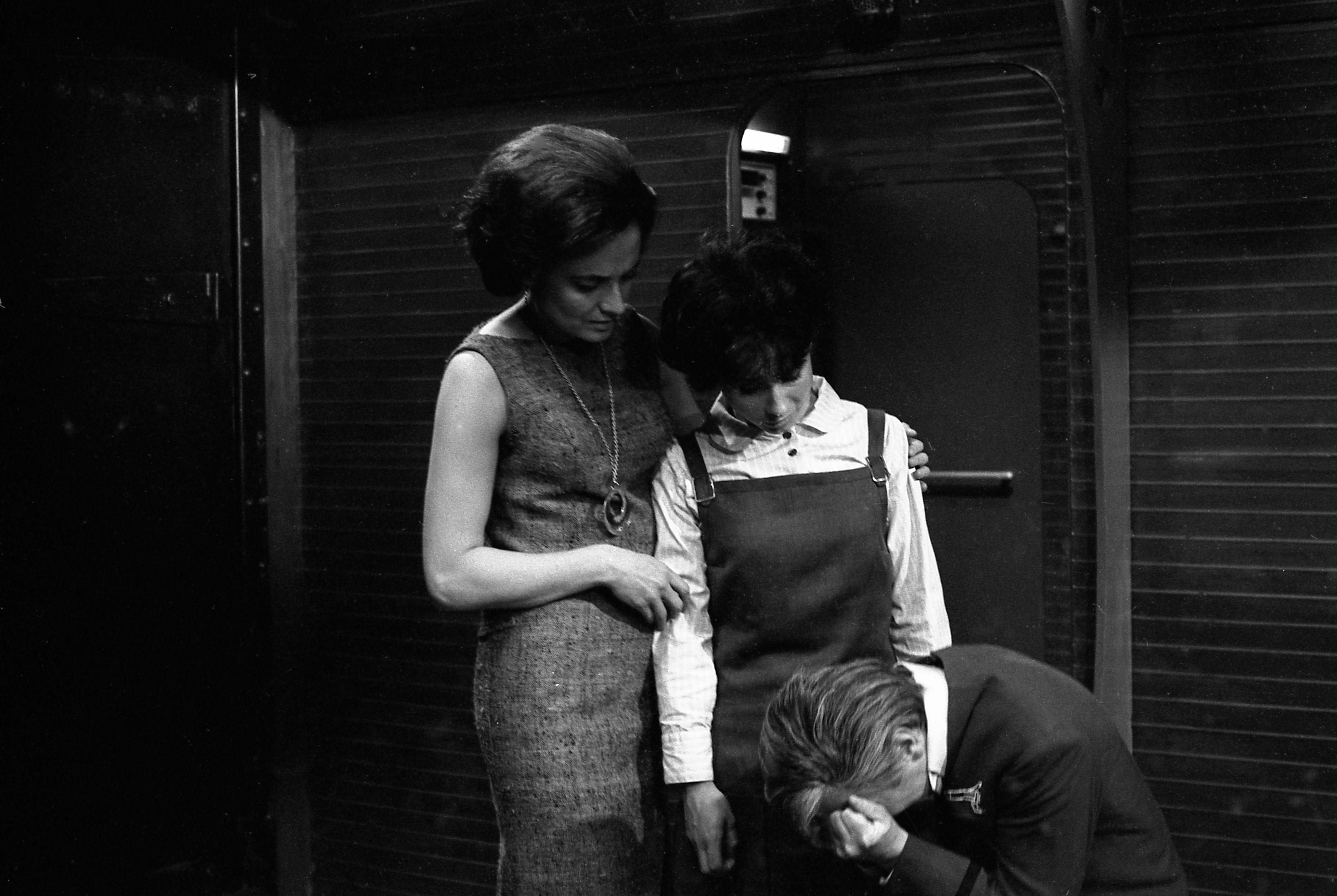 Black and white photo of Jacqueline Hill and Carole Ann Ford on set for The Sensorites