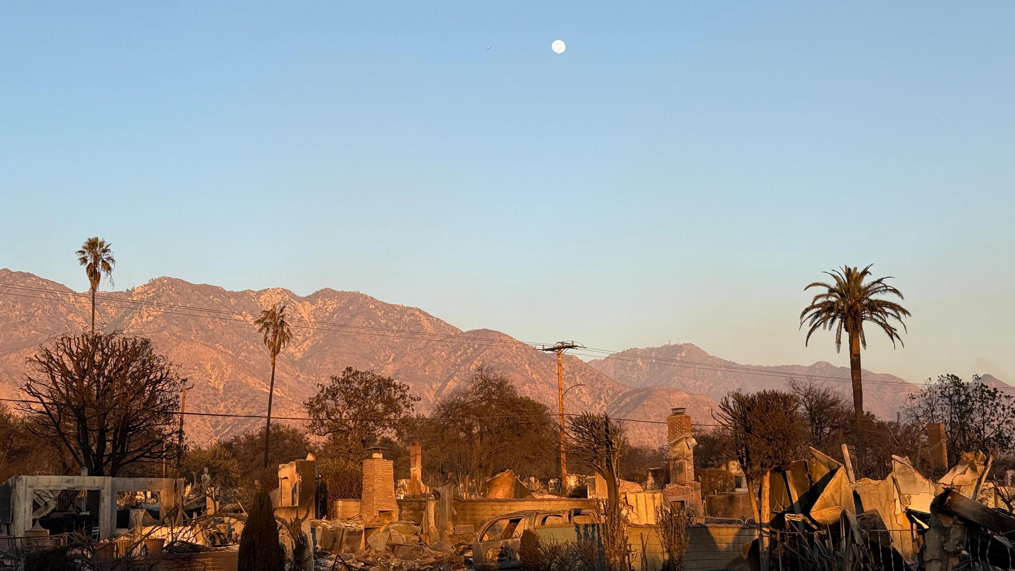 A picture of the devastation caused by the wildfires in LA. There are hills in the distance. In the foreground are the ruined remains of burned-out homes.