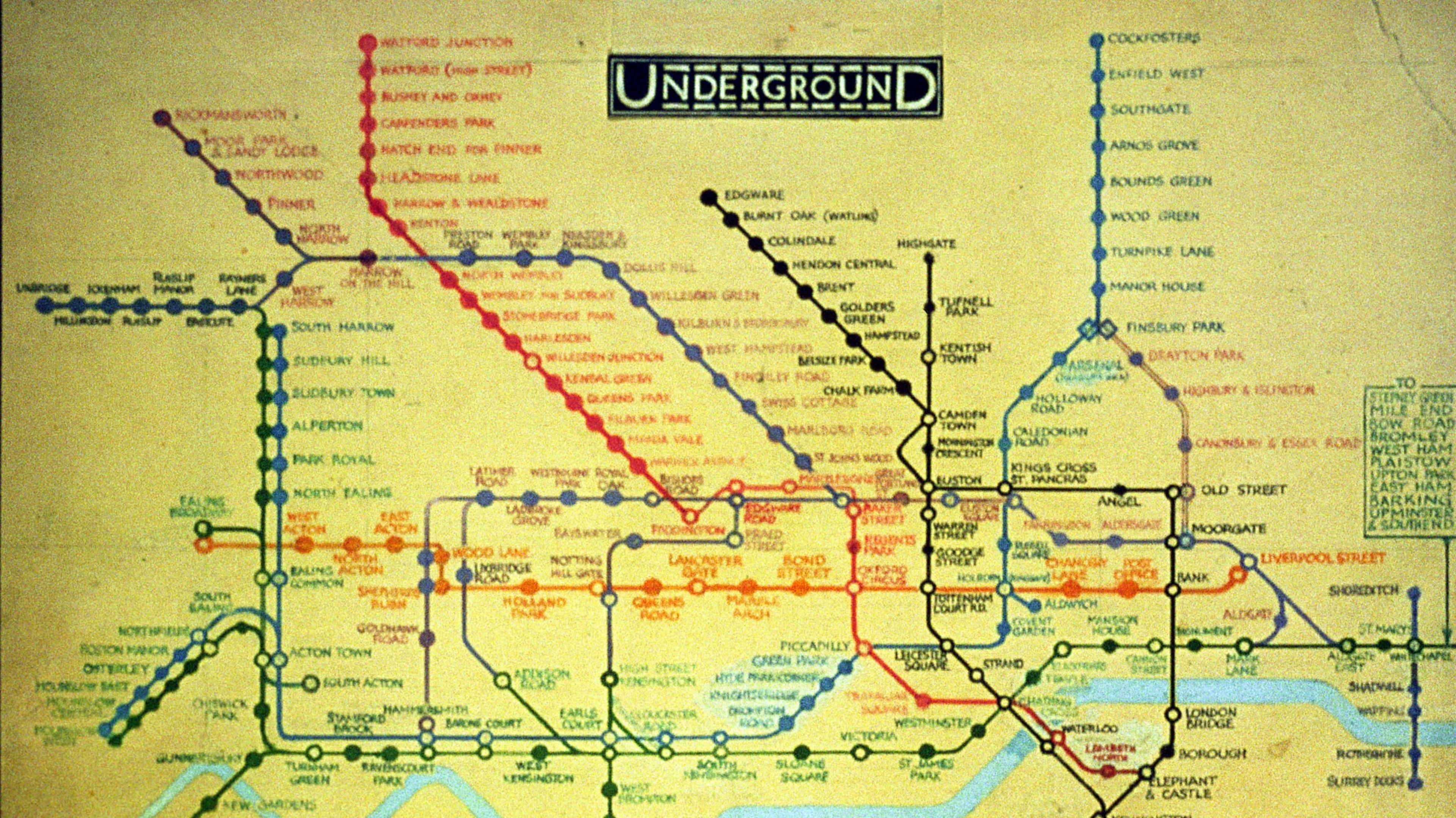 1931 presentation drawing for diagrammatic Underground map, featuring Tube stations and lines, by Harry Beck