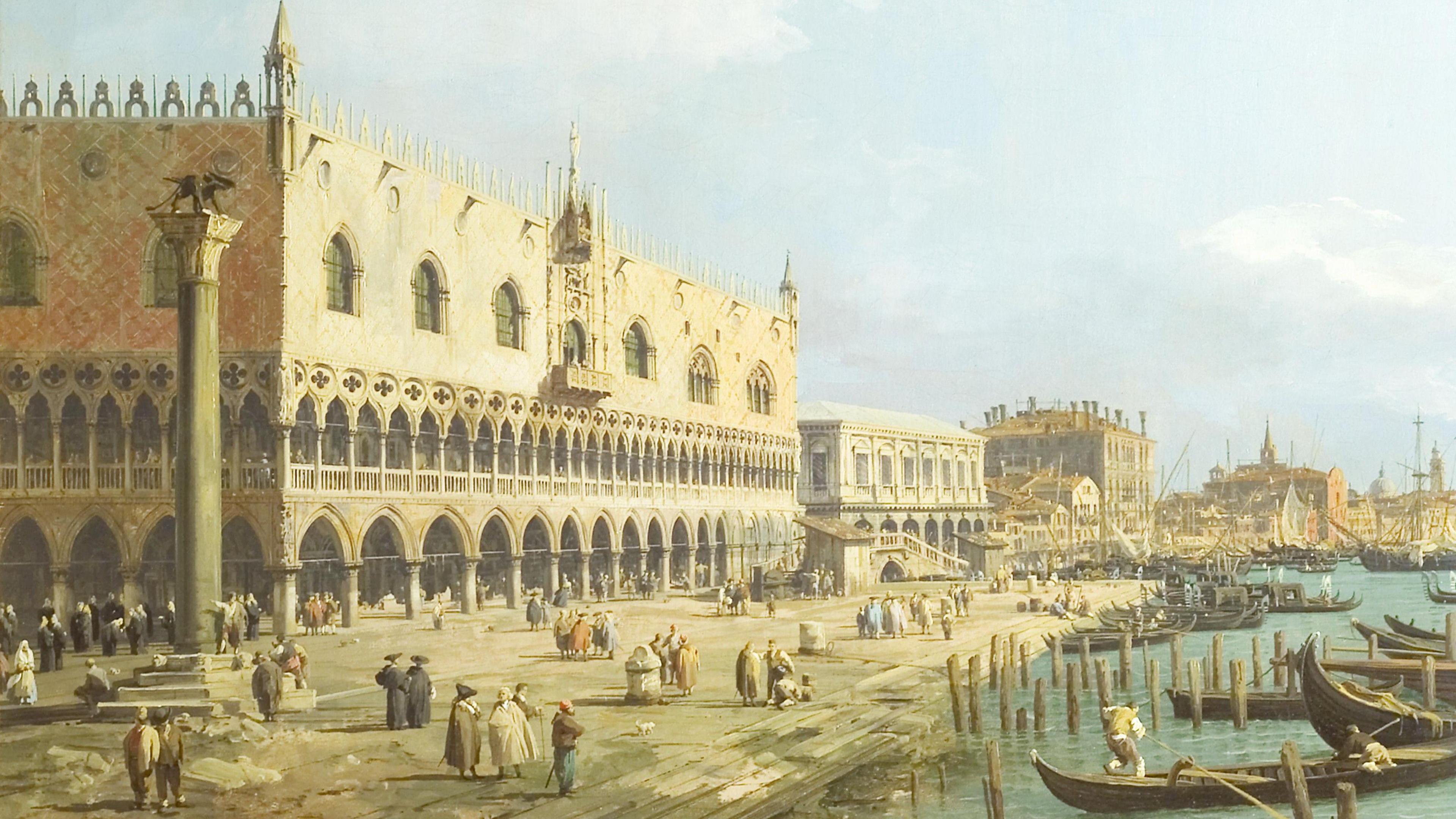 The Doge's Palace and Riva degli Schiavoni, Venice, by Canaletto (1730, detail), which depicts the palace in the Italian city of Venice, with gondolas on the nearby canal and people in 18th Century clothing milling about in front of it