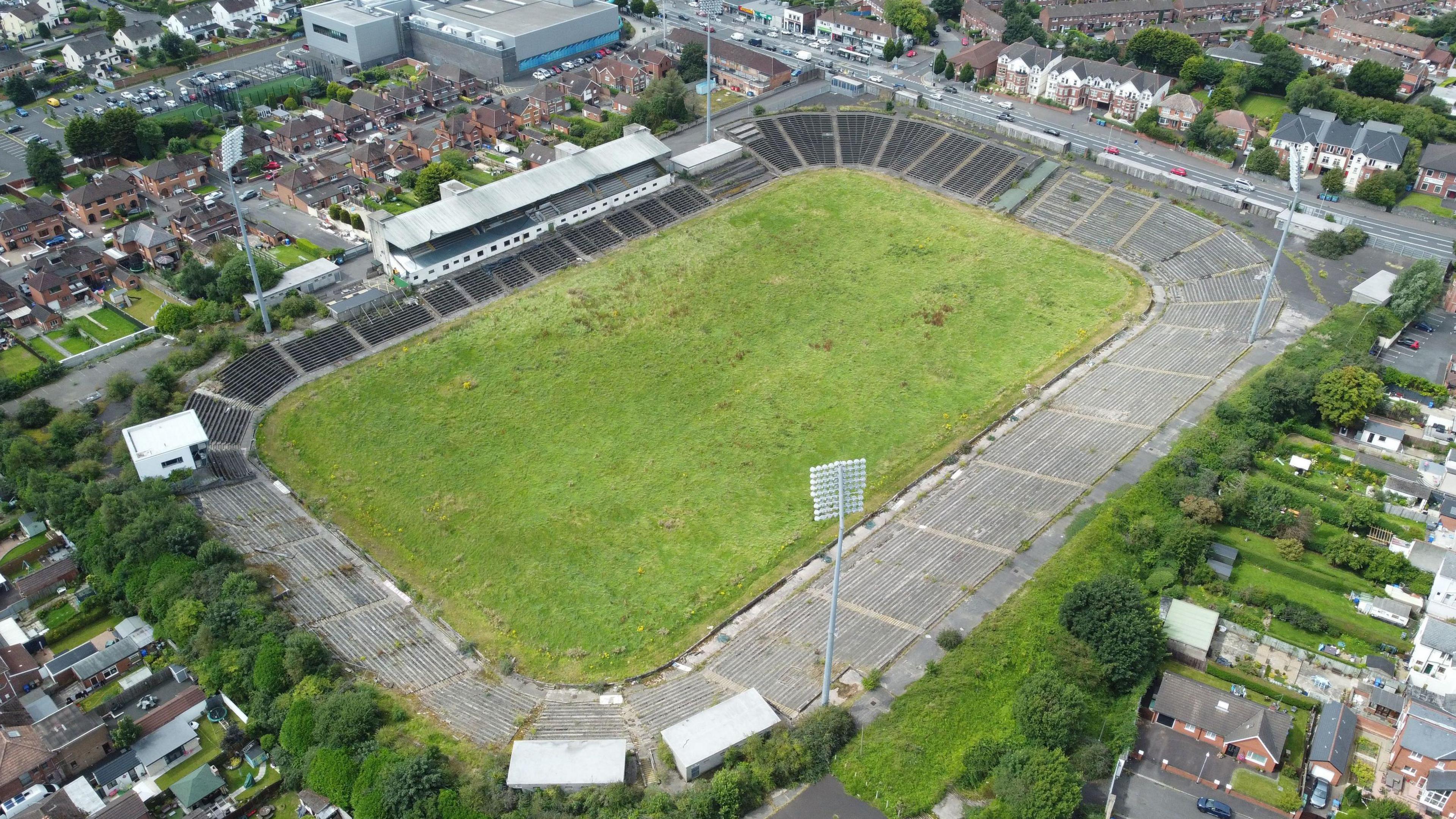 Aerial view of Casement Park taken in 2023