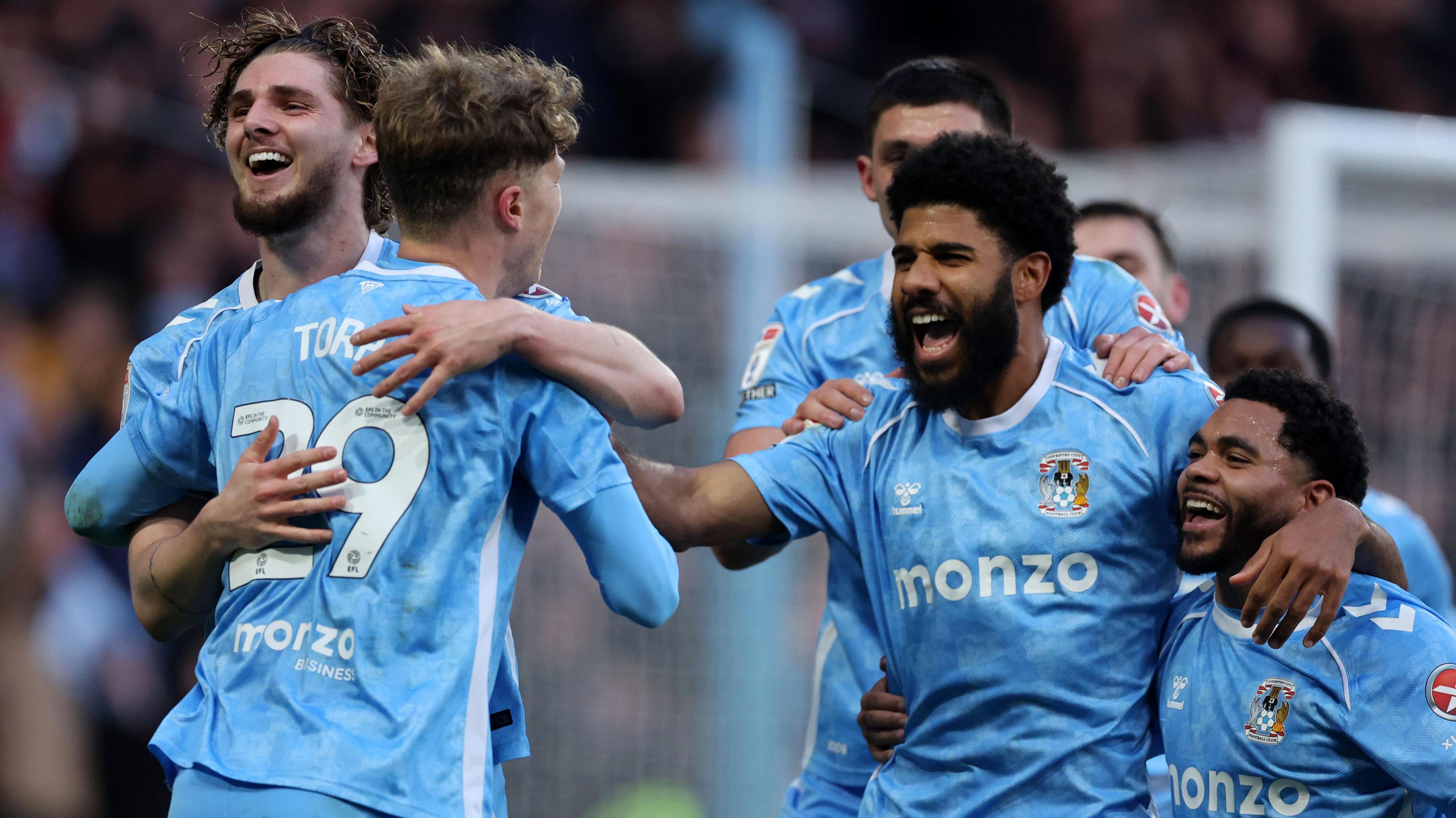 Coventry City players celebrate a goal in the 3-1 win over Charlton