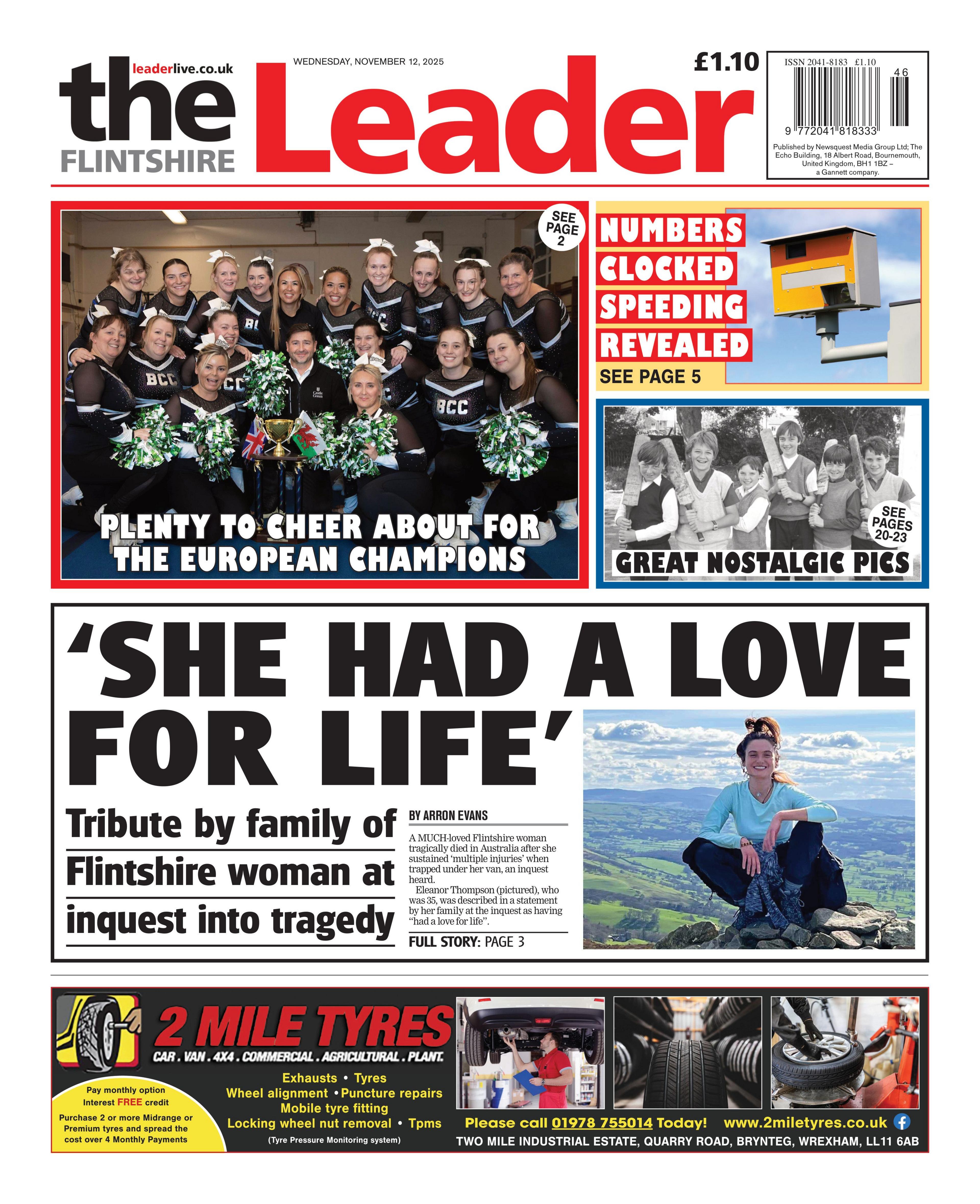 Front page of the Flintshire Leader with main headline: 'She had a love for life' and sub headline: Tribute by family of Flintshire woman at inquest into tragedy. This is accompanied by a photo of a woman with long hair tied back pictured sitting on a hill or mountain. She is smiling.