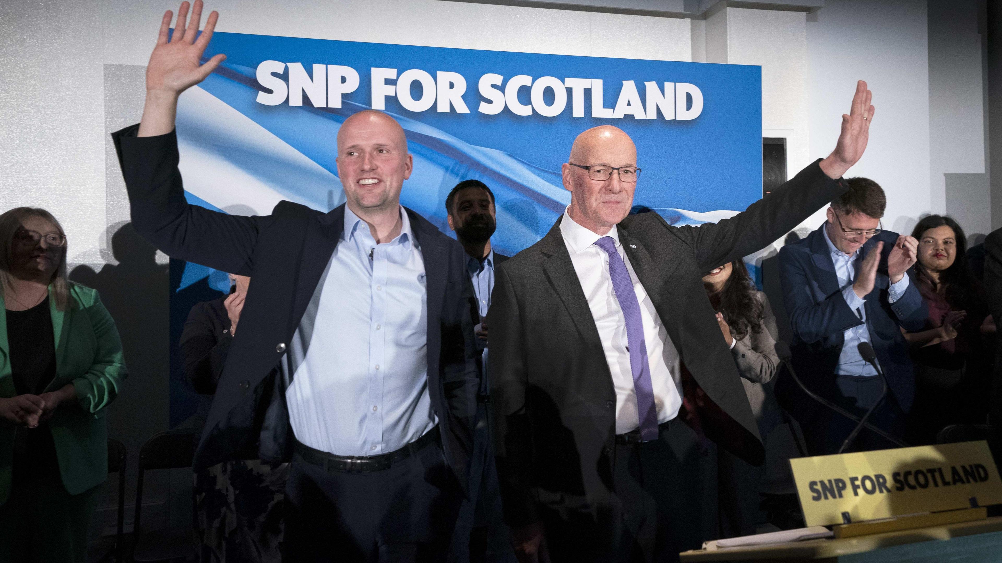 Scottish National Party Leader John Swinney with SNP Westminster leader Stephen Flynn (left) during the SNP General Election Campaign launch with SNP Westminster candidates and activists 