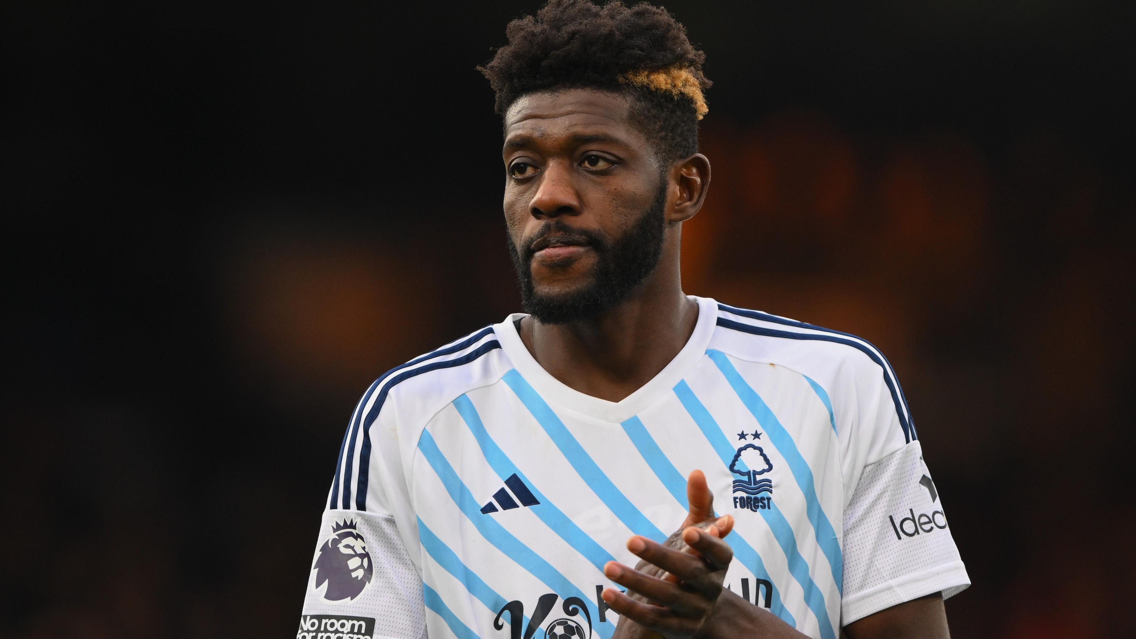 Ibrahim Sangare applauds fans after a game for Nottingham Forest